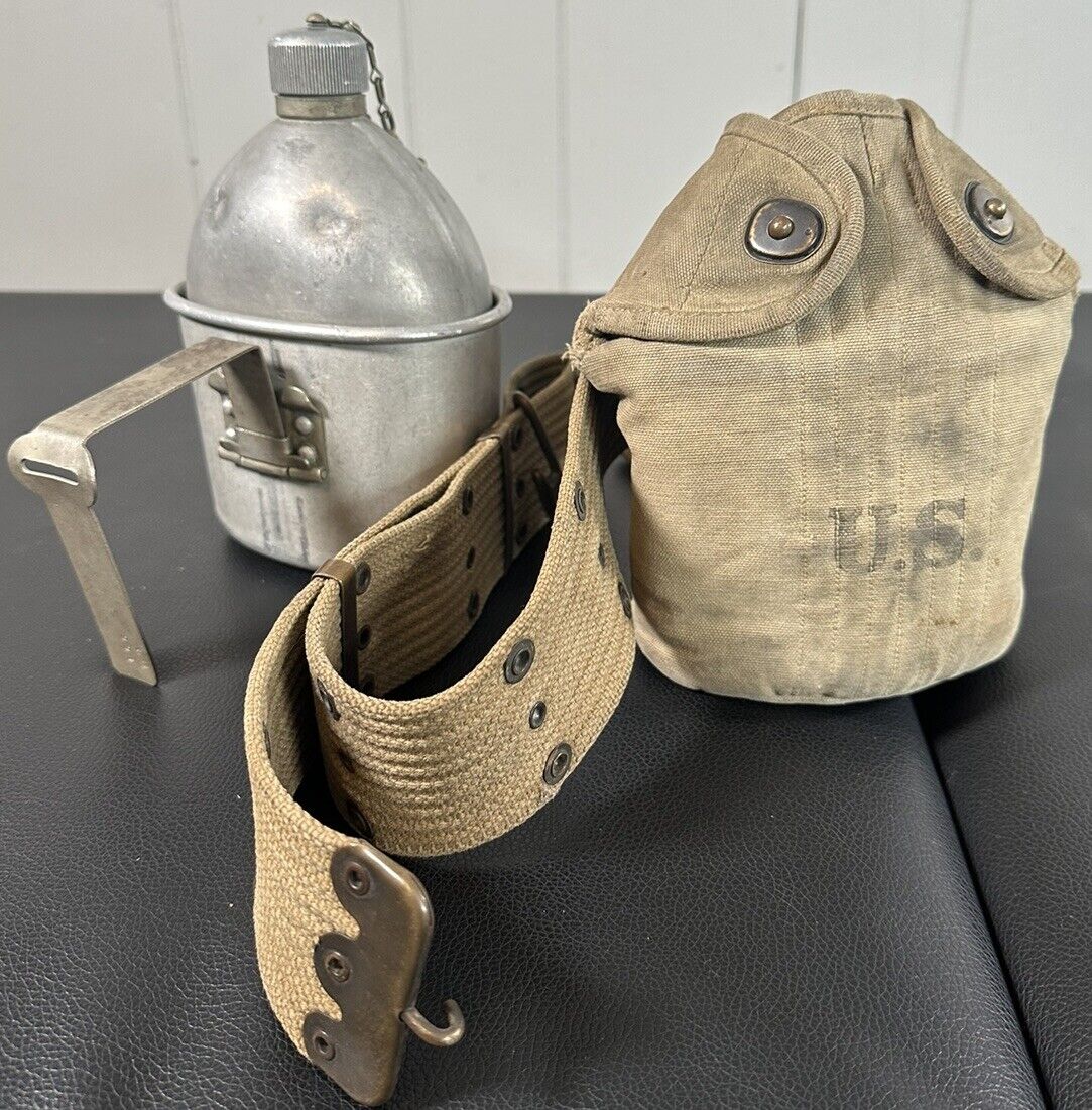 Antique US Military 1917 1918 Metal Canteen Cup + Pouch + Belt Canvas 