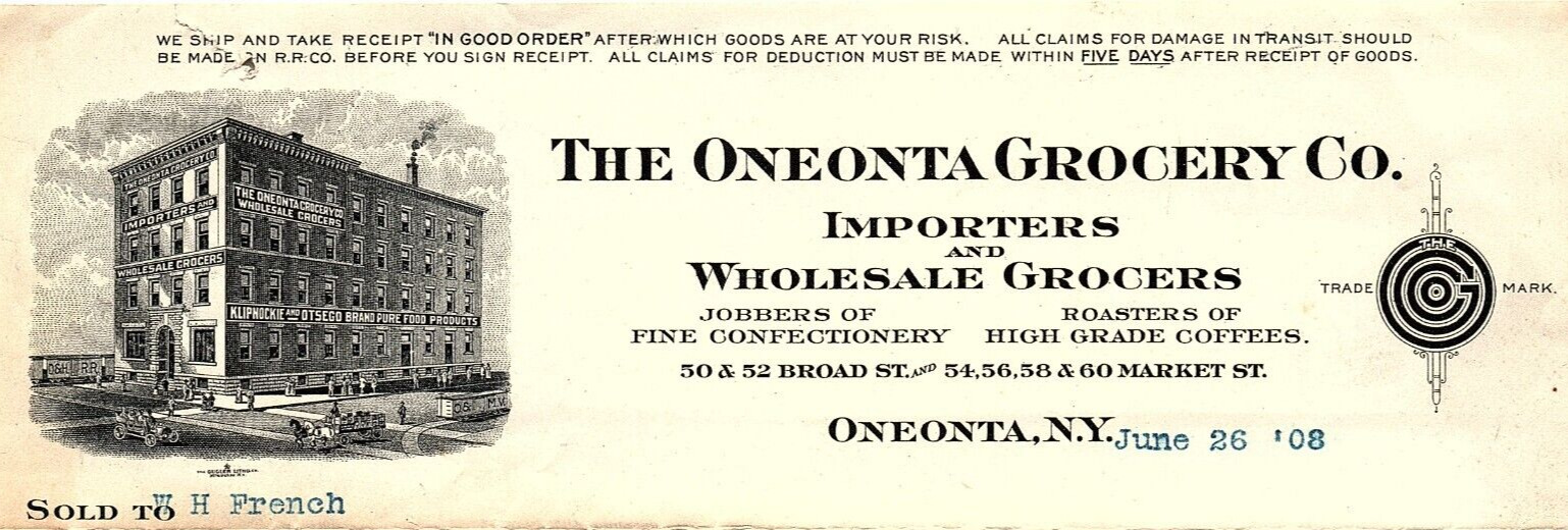 1908 THE ONEONTA GROCERY CO WHOLESALE GROCERS ONEOTA NY INVOICE BILLHEAD Z5879