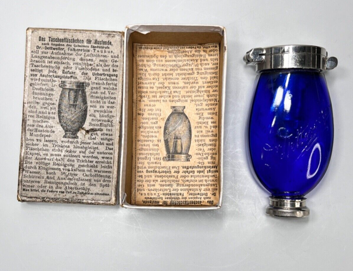 1900 Antique Dr.Dettweiler Pocket Spitting Flask Cobalt Blue Spittoon Bottle Box