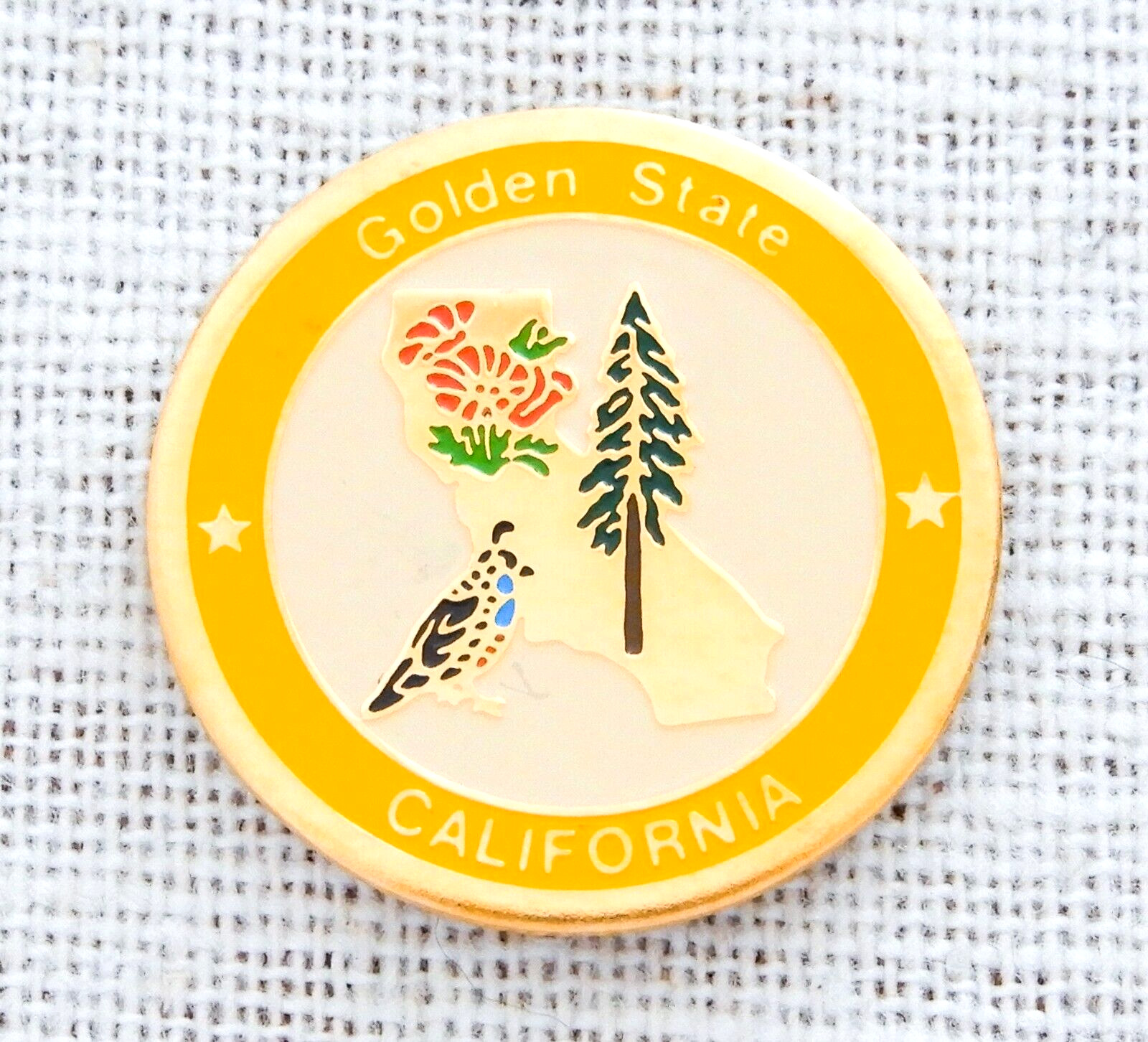 California Golden State Lapel Pin Bird Flower Tree State Yellow Enamel Gold Tone