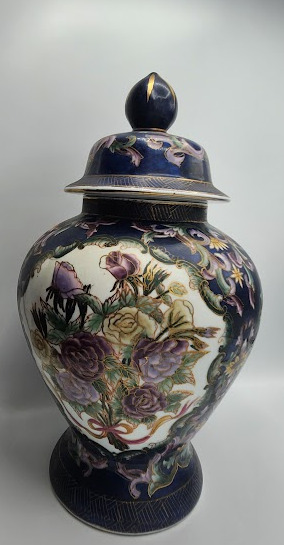 Vintage Porcelain Blue, Gold and Lavender Large Floral Urn