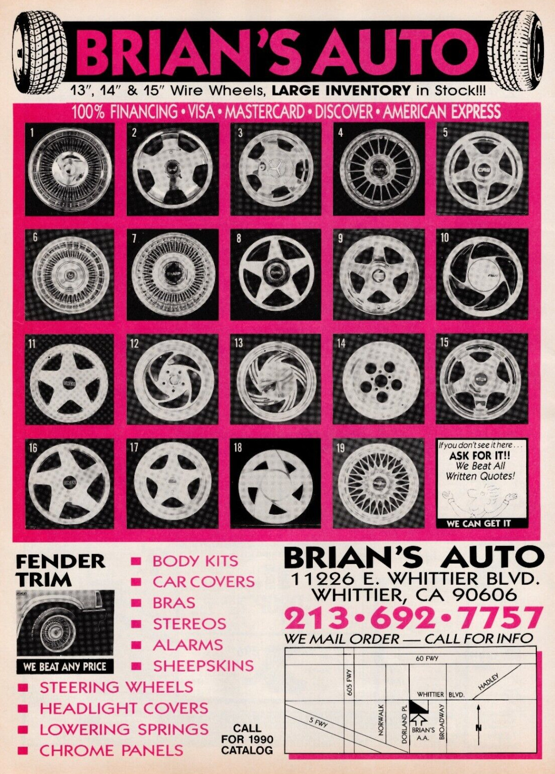 1990 Brians Auto Wheels Rim Whittier BLVD California VTG Lowrider Print Ad 8x11\