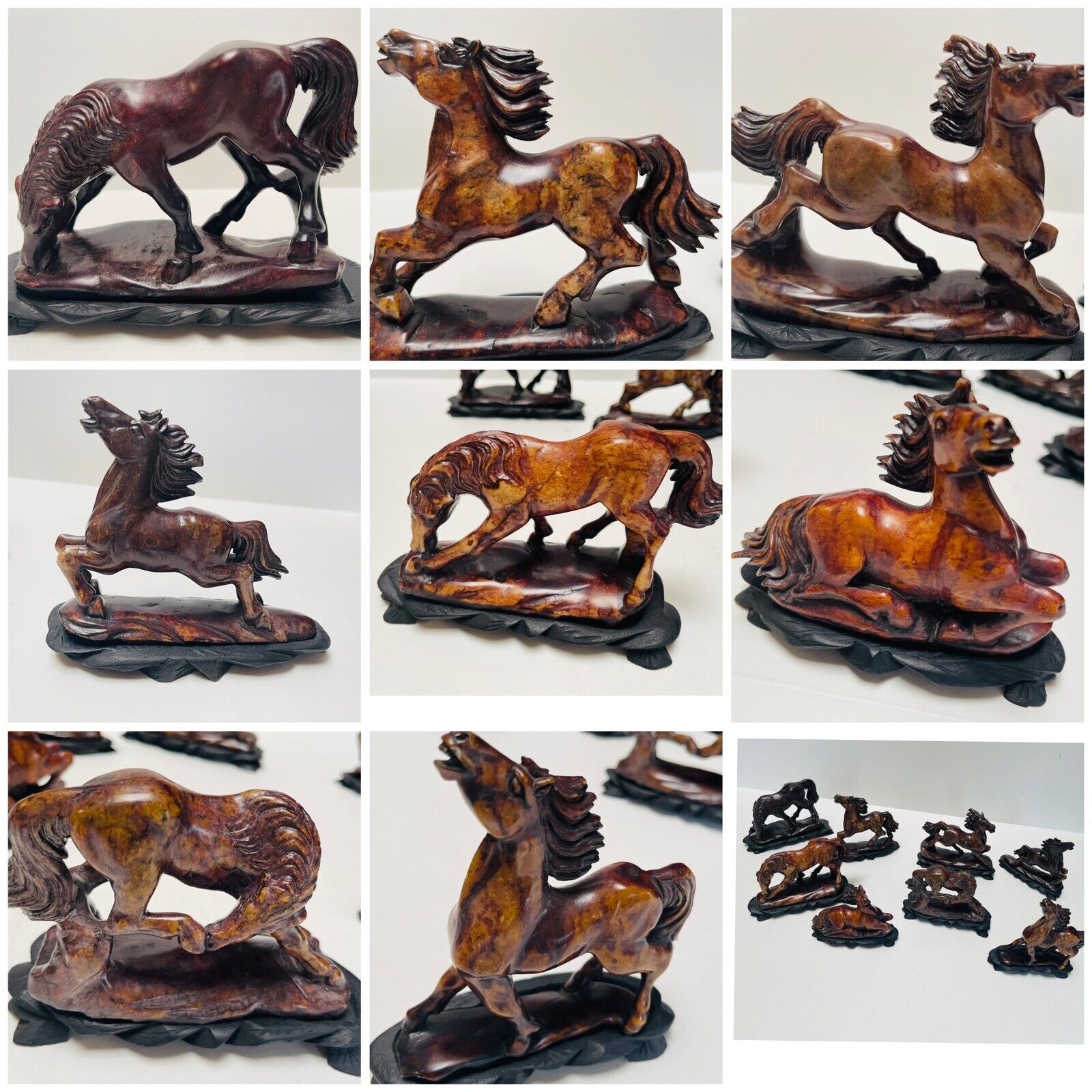 Feng Shui Zodiac Steeds Set of 8 Carved Stone Horses on Bases - Success Luck