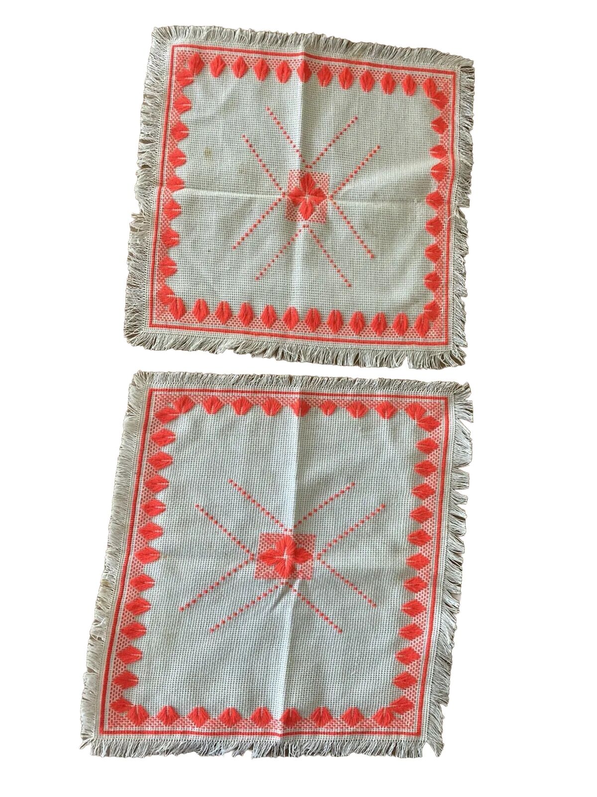 Two Vintage Table Linen Hand embroidery 13x13 Orange bundle