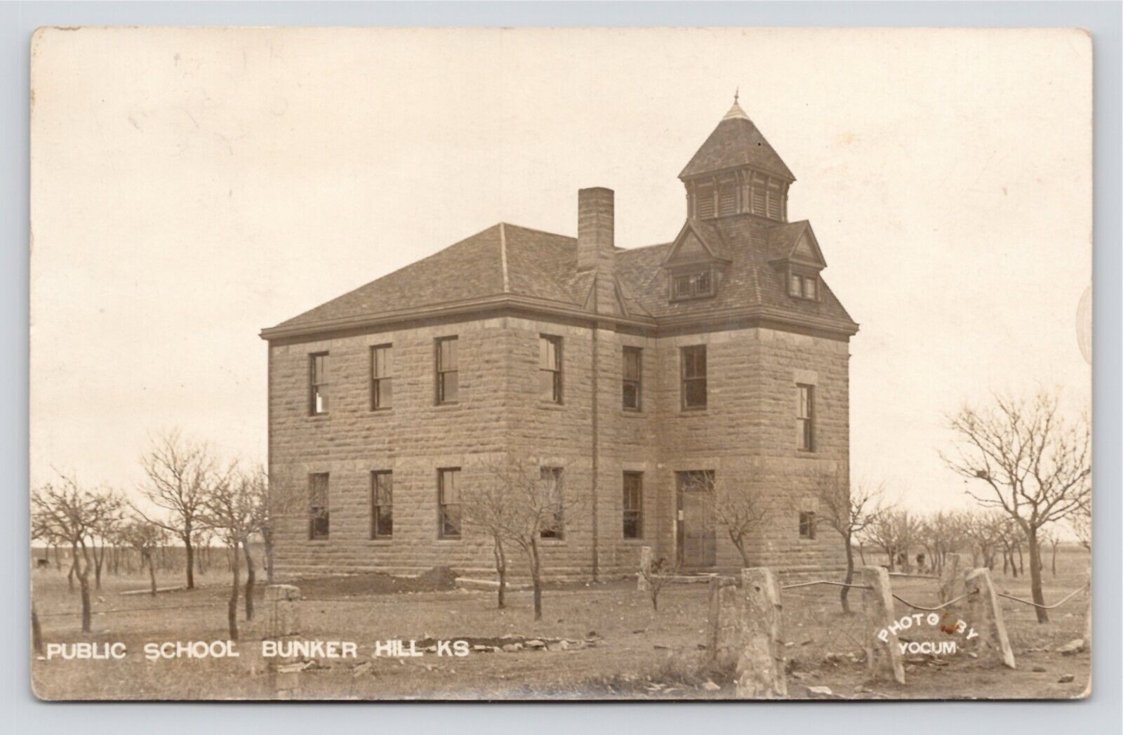 RPPC Public School Bunker Hill Kansas Antique VTG c1909 Yocum Photo Postcard