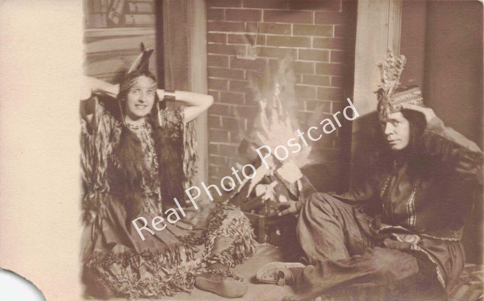 RPPC Man & Woman in Indian Costume Feathers Fringe Moccasins Real Photo Postcard