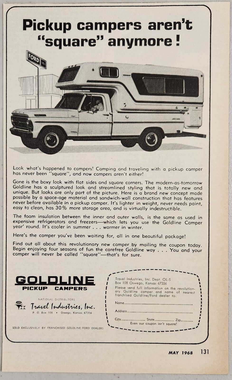 1968 Print Ad Goldline Pickup Truck Campers Travel Industries Oswego,Kansas