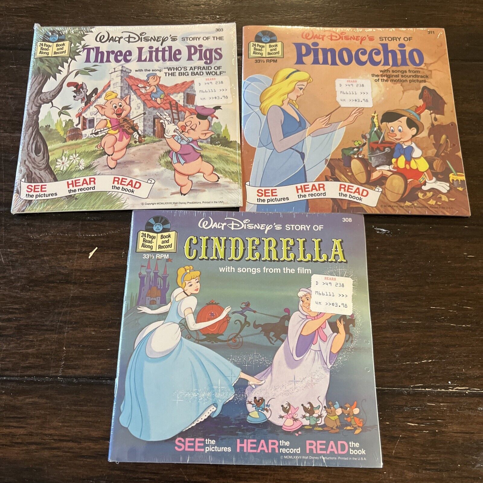 SEALED LOT Walt Disneys Cinderella Pinocchio Little Pigs Read Along Book Record