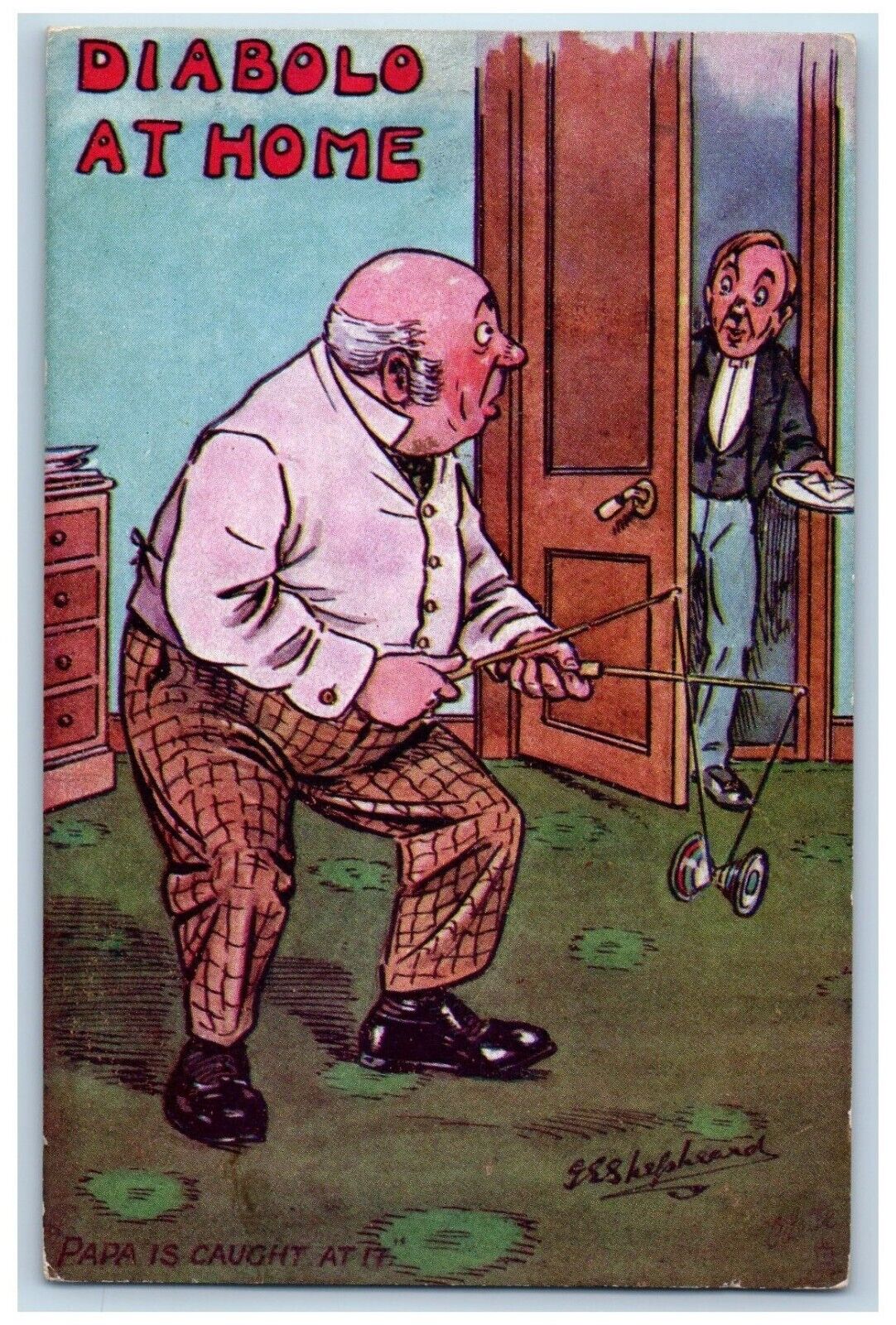 Artist Signed Postcard Old Man Playing Diabolo Papa Is Caught At It Oilette Tuck