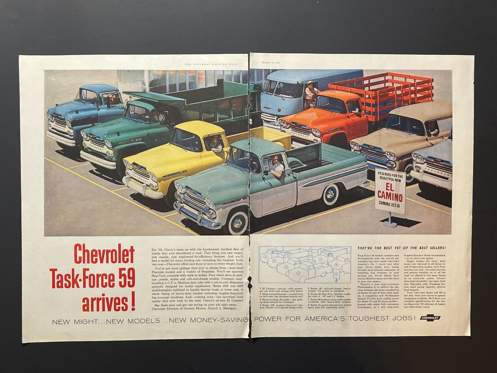 Original Task Force 1959 Chevy Trucks - 2 Page Print Advertisement (20.5 X 13.5)