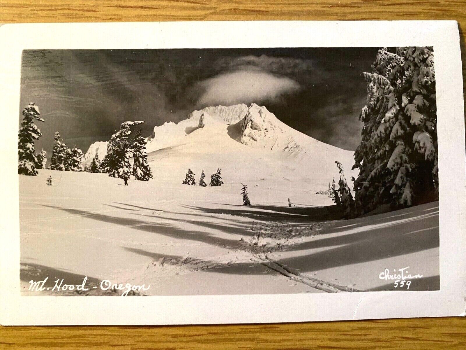 1940s RPPC - MT. HOOD, OREGON vintage real photo postcard SNOWY MOUNTAIN, SKIING