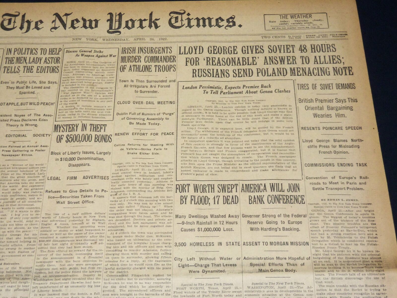 1922 APRIL 26 NEW YORK TIMES - FORT WORTH SWEPT BY FLOOD 17 DEAD - NT 8590