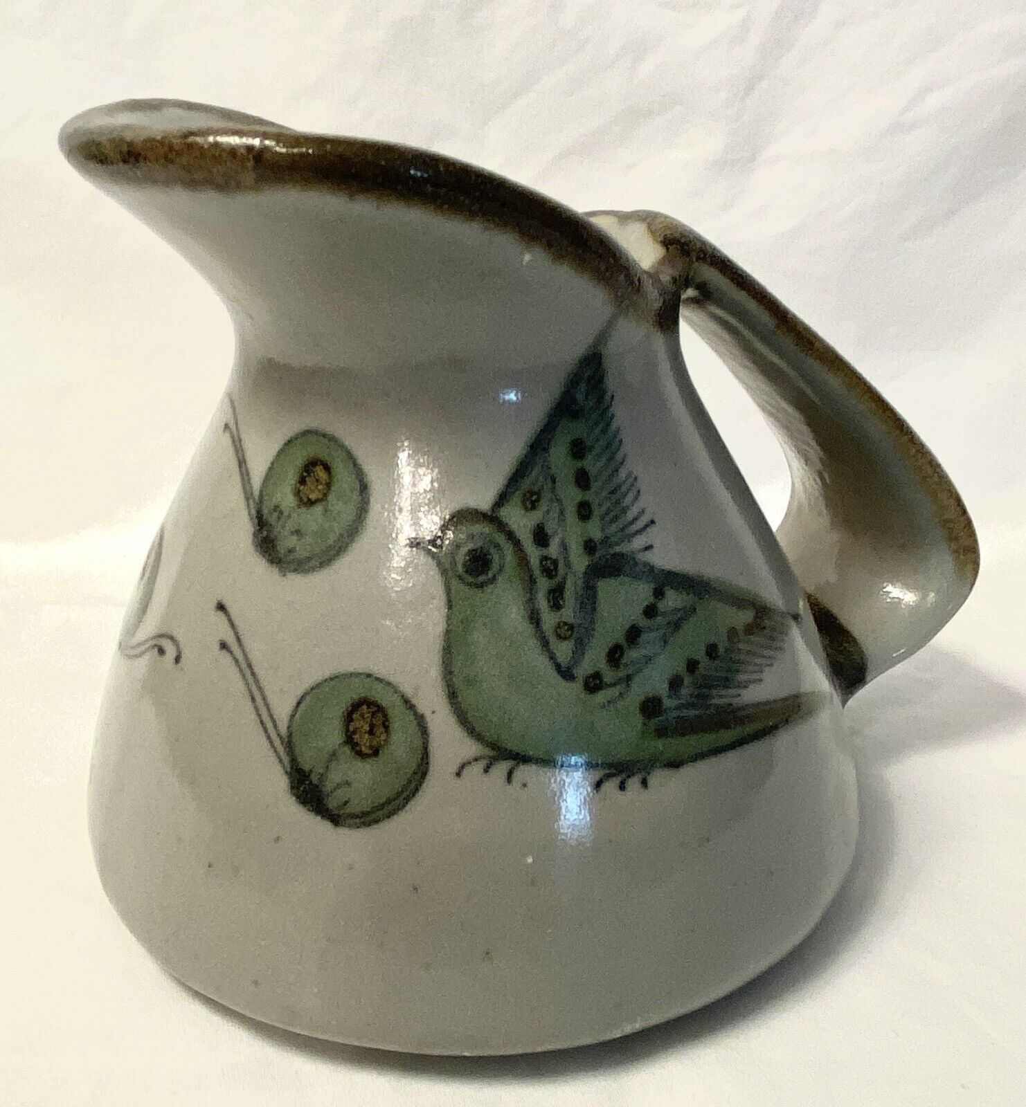 Tonala Green Birds Pitcher Ken Edwards El Palomar Mexico Pottery Vintage 5” Tall