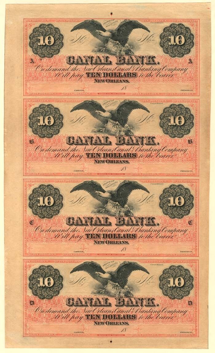 $10 Canal Bank - Uncut Obsolete Sheet of 4 Notes - Broken Bank Notes - Paper Mon