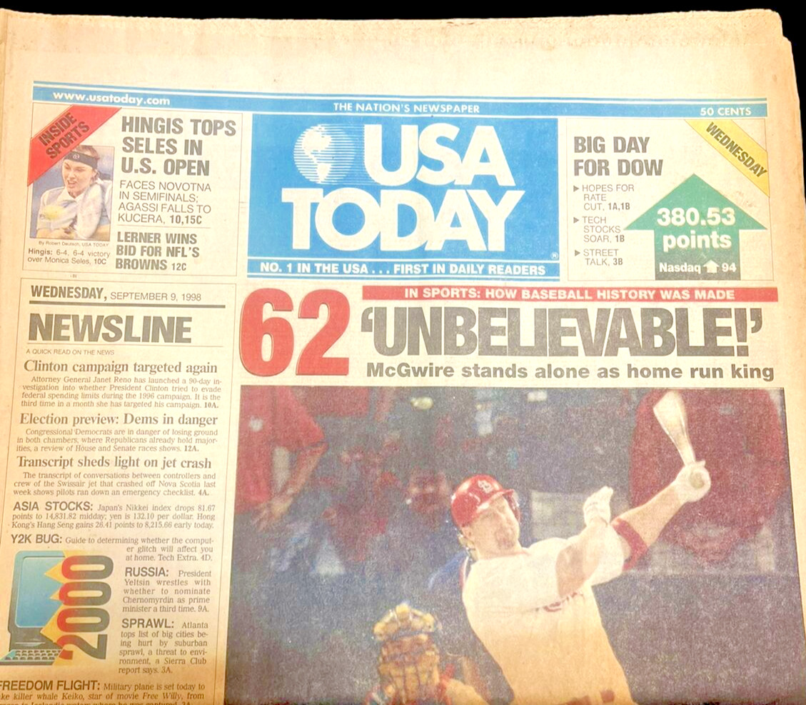Full USA Today on Sept 8, 1998, Mark McGwire Hits 62nd HR for MLB Record