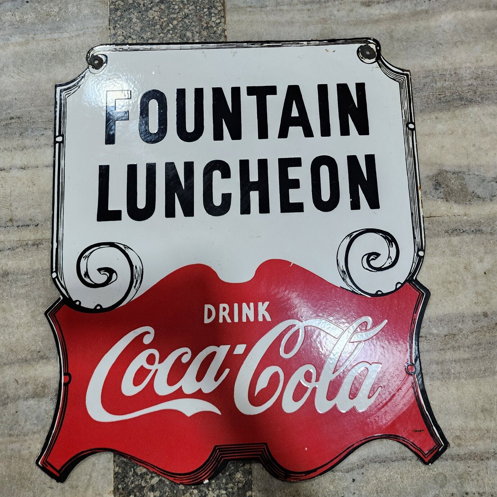 COCA-COLA FOUNTAIN LUNCHEON PORCELAIN ENAMEL SIGN 21 1/2 X 26 1/2 INCHES
