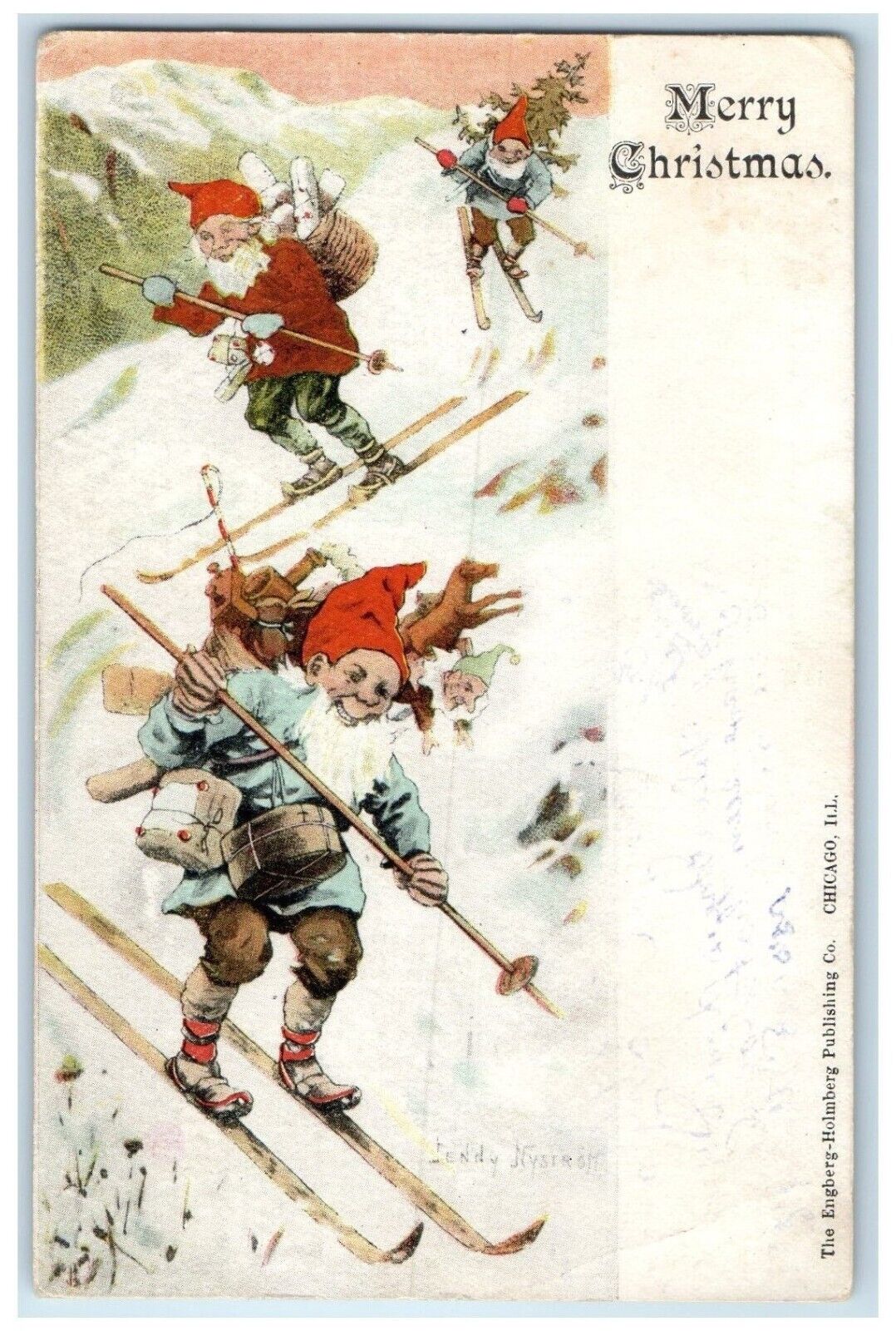 c1905 Merry Christmas Elves Gnomes Sledding Winter Scene Harris MN Postcard