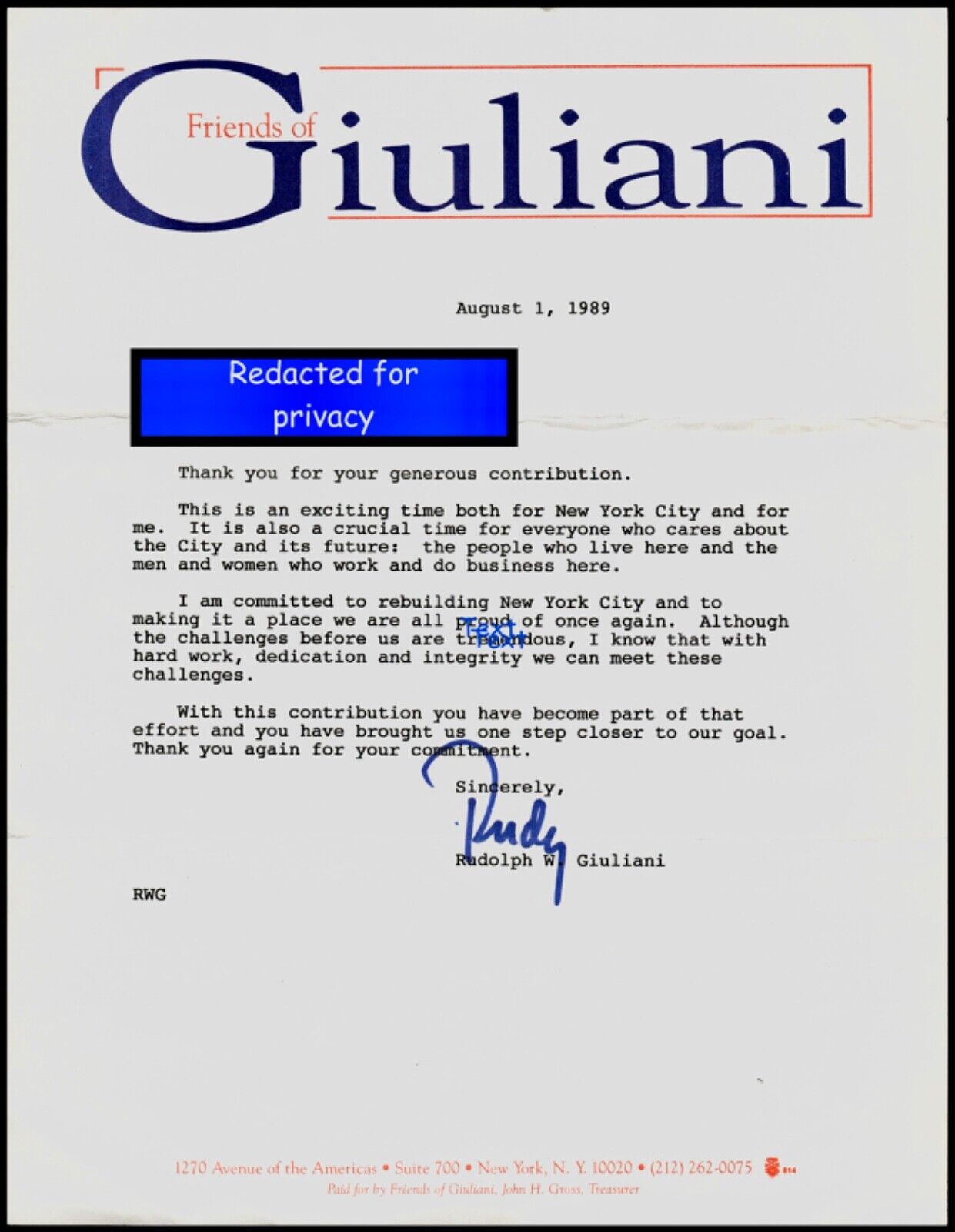 Rudolph Giuliani Signed Letter Friends of Giuliani August 1989
