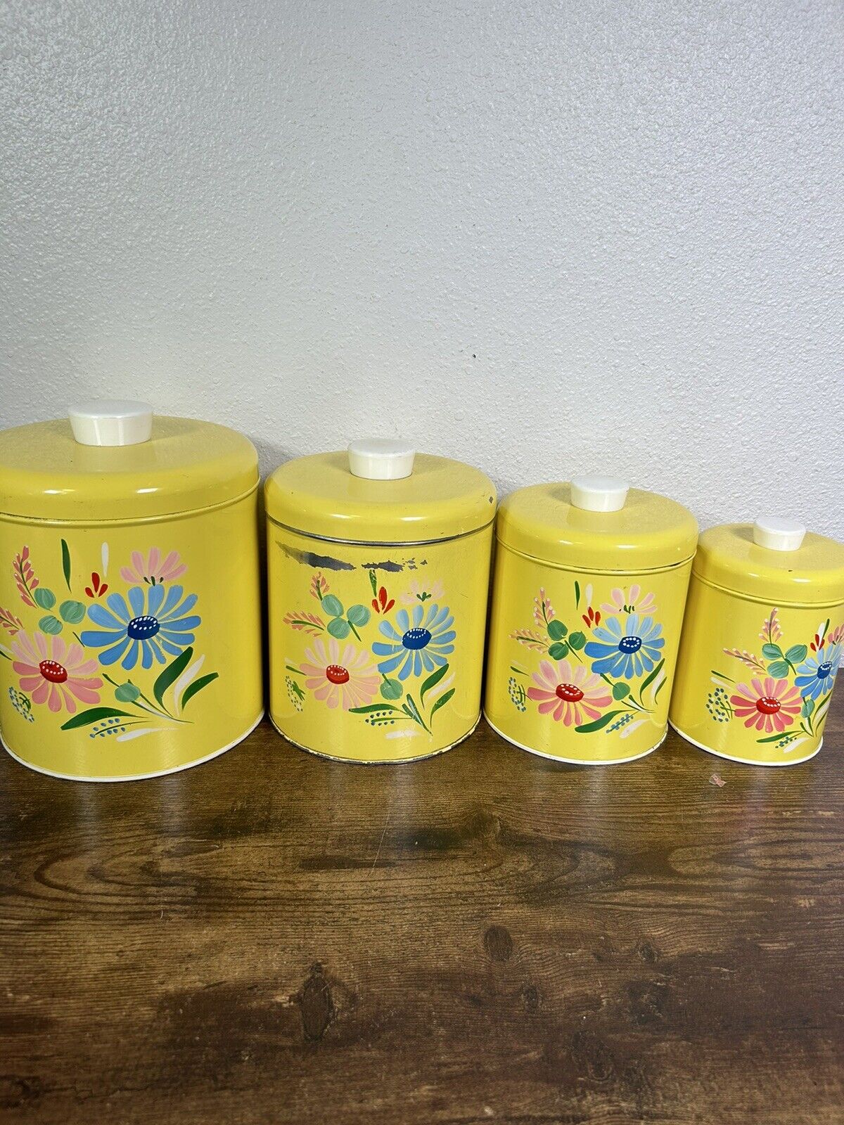 1950s Ransburg Canister Set Of 4 Kitchen Yellow Daisies Floral Vintage