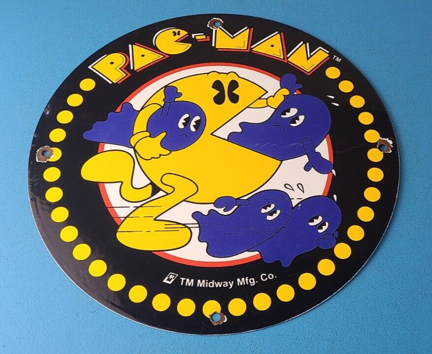 Vintage Pacman Sign - Gas Pump Maze Action Game Man Cave Arcade Porcelain Sign