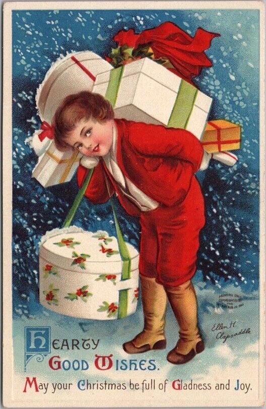c1910s Artist-Signed CLAPSADDLE Christmas Postcard Little Girl with Lot of Gifts
