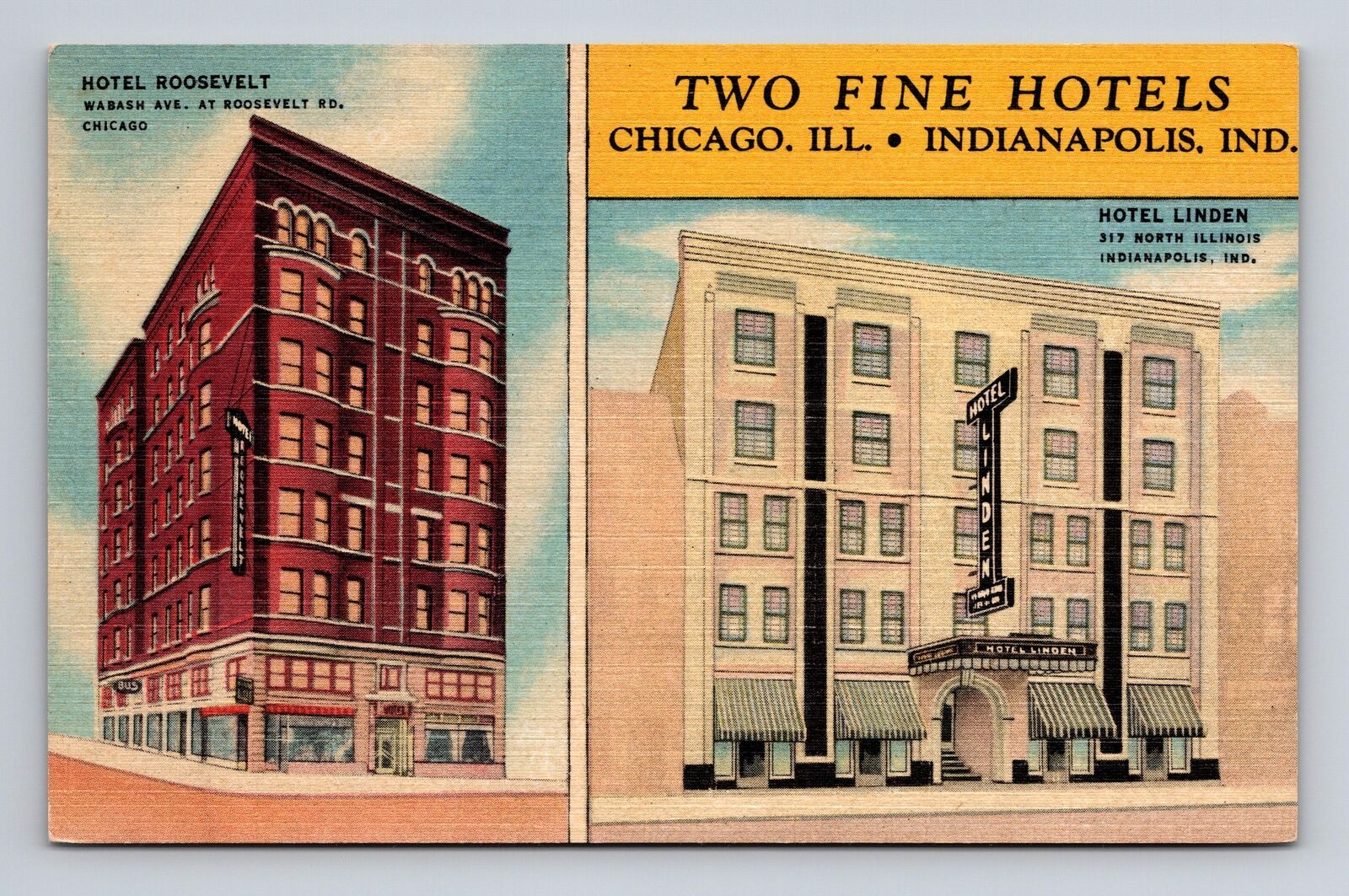 c1951 Linen Postcard Chicago IL Illinois Hotels Roosevelt & Linden