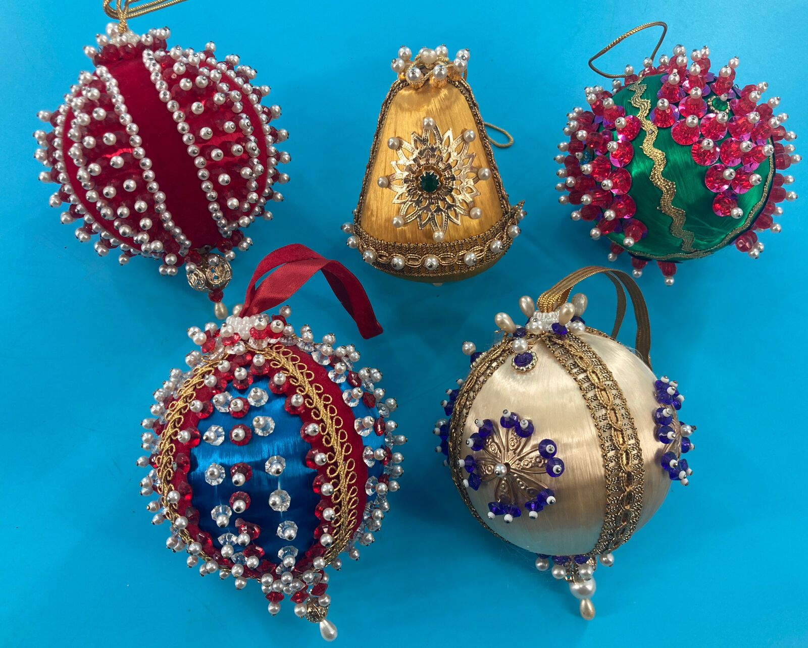 Set/ 5 Vintage Sequins Bead Pin Ball Ornaments Handmade Gorgeous BIG 4.5” Each