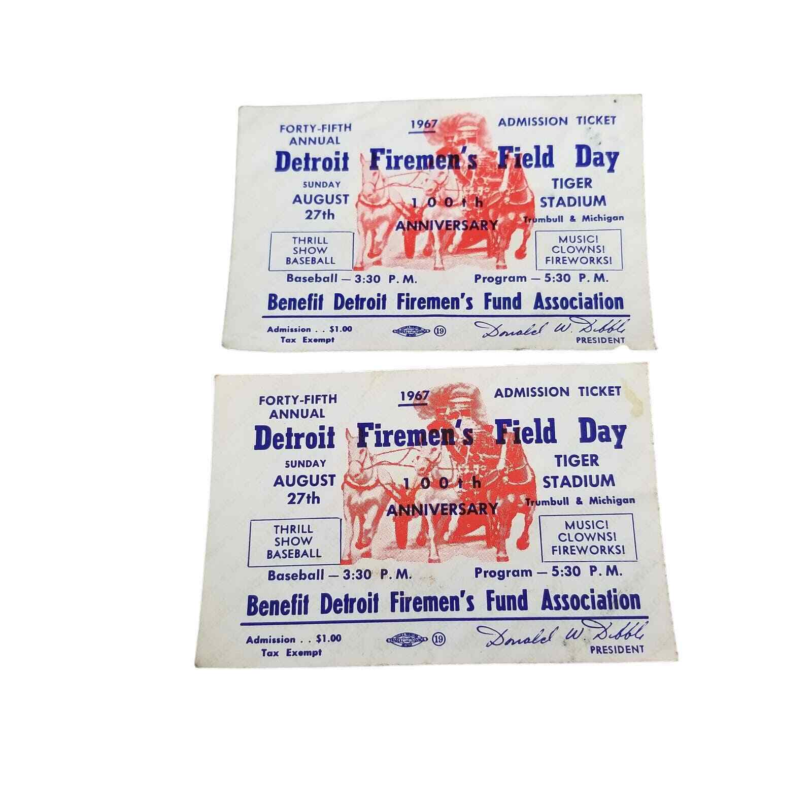 1967 Detroit Firemen's Field Day Ticket Stubs Tiger Stadium 100th Anniversary   