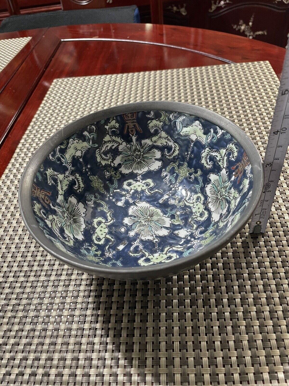 Vintage A.C.F. Japanese Porcelain Ware Pewter Encased Bowl Handpainted Hong Kong