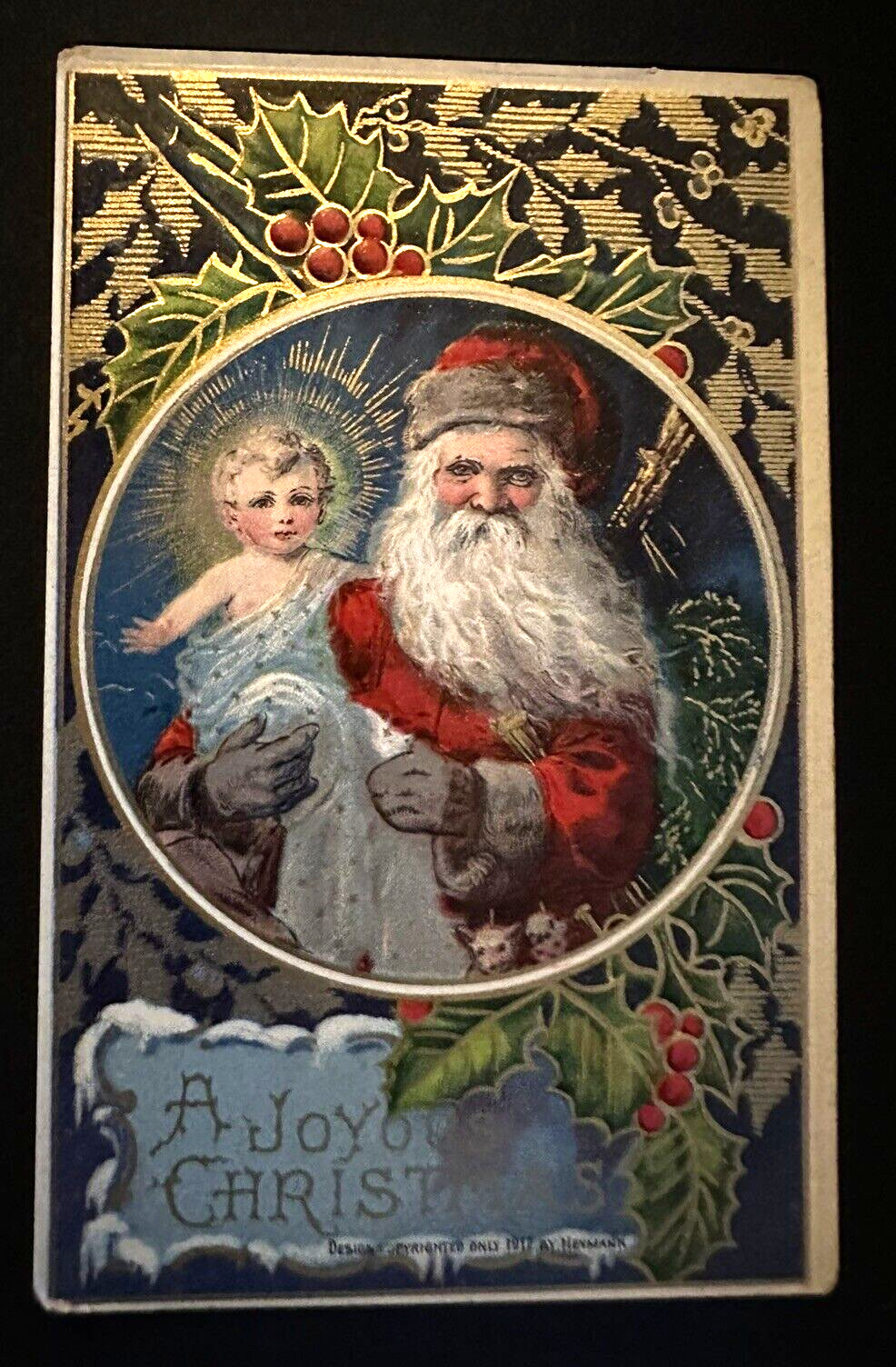 Santa Claus with Baby Jesus~Holly~Antique Christmas Postcard~k463