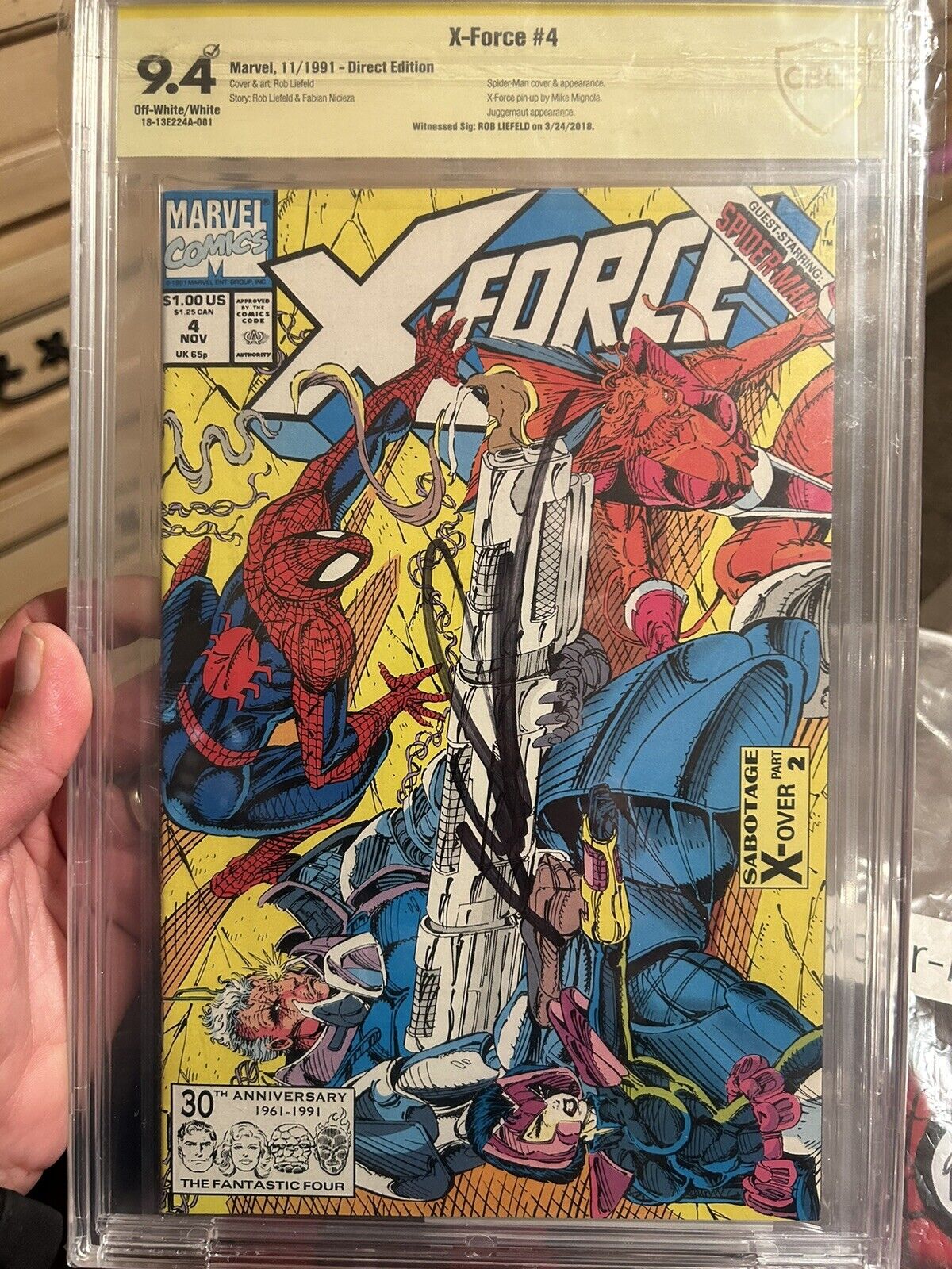 X-Force #4 CGC SS 9.4 signed Rob Liefeld CUSTOM LABEL NM/MT CABLE SPIDER-MAN