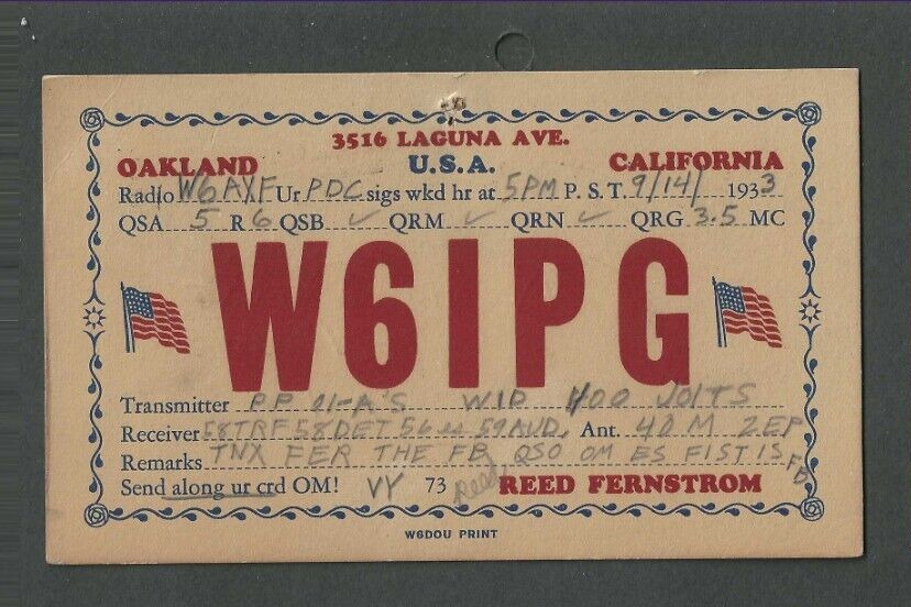 1933 Early Ham Radio (QSL) Card Call Letters W6IPG Oakland Ca