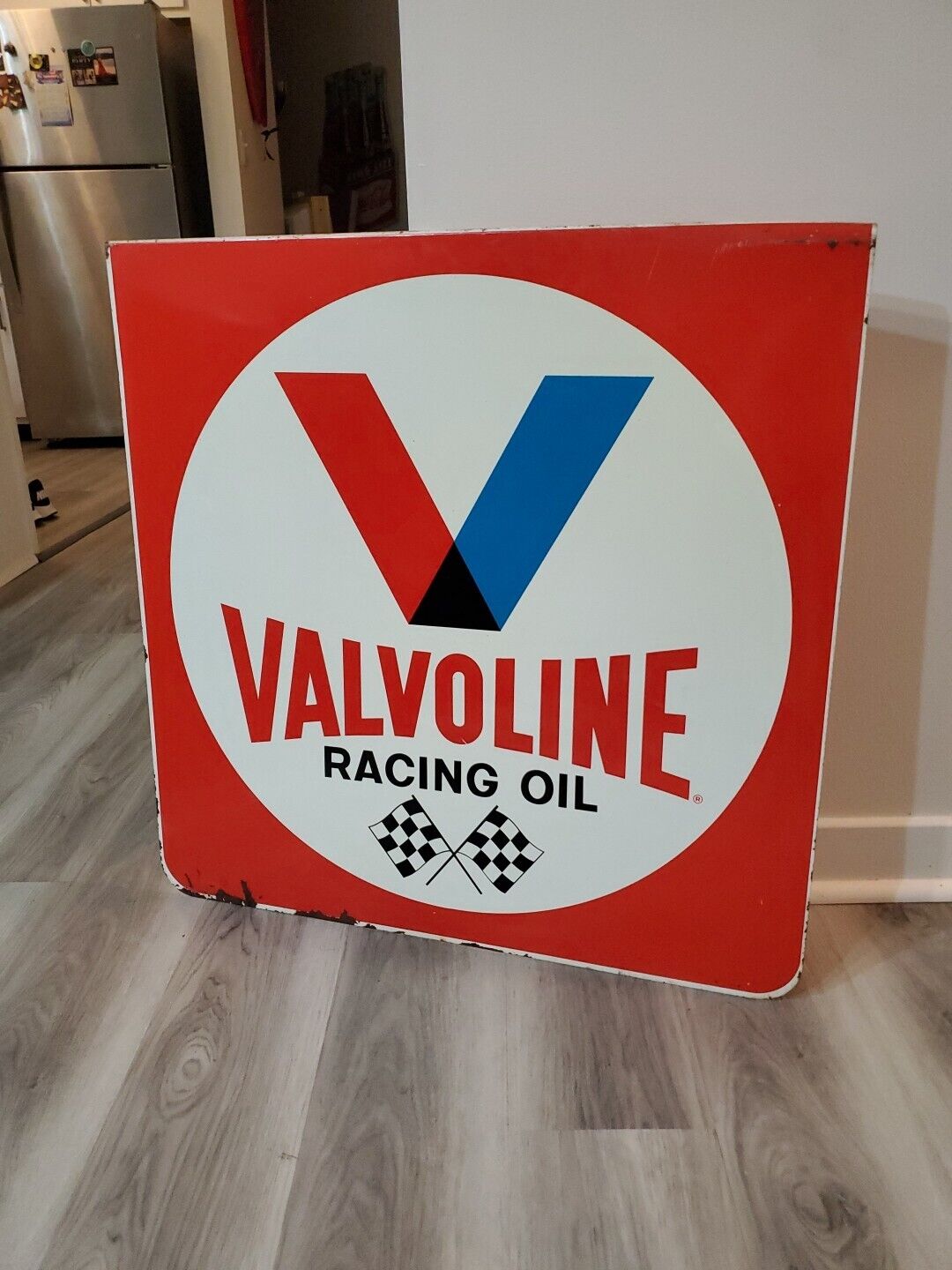 c.1960s Original Vintage Valvoline Racing Oil Sign Metal 2 Sided Checkered Flag 
