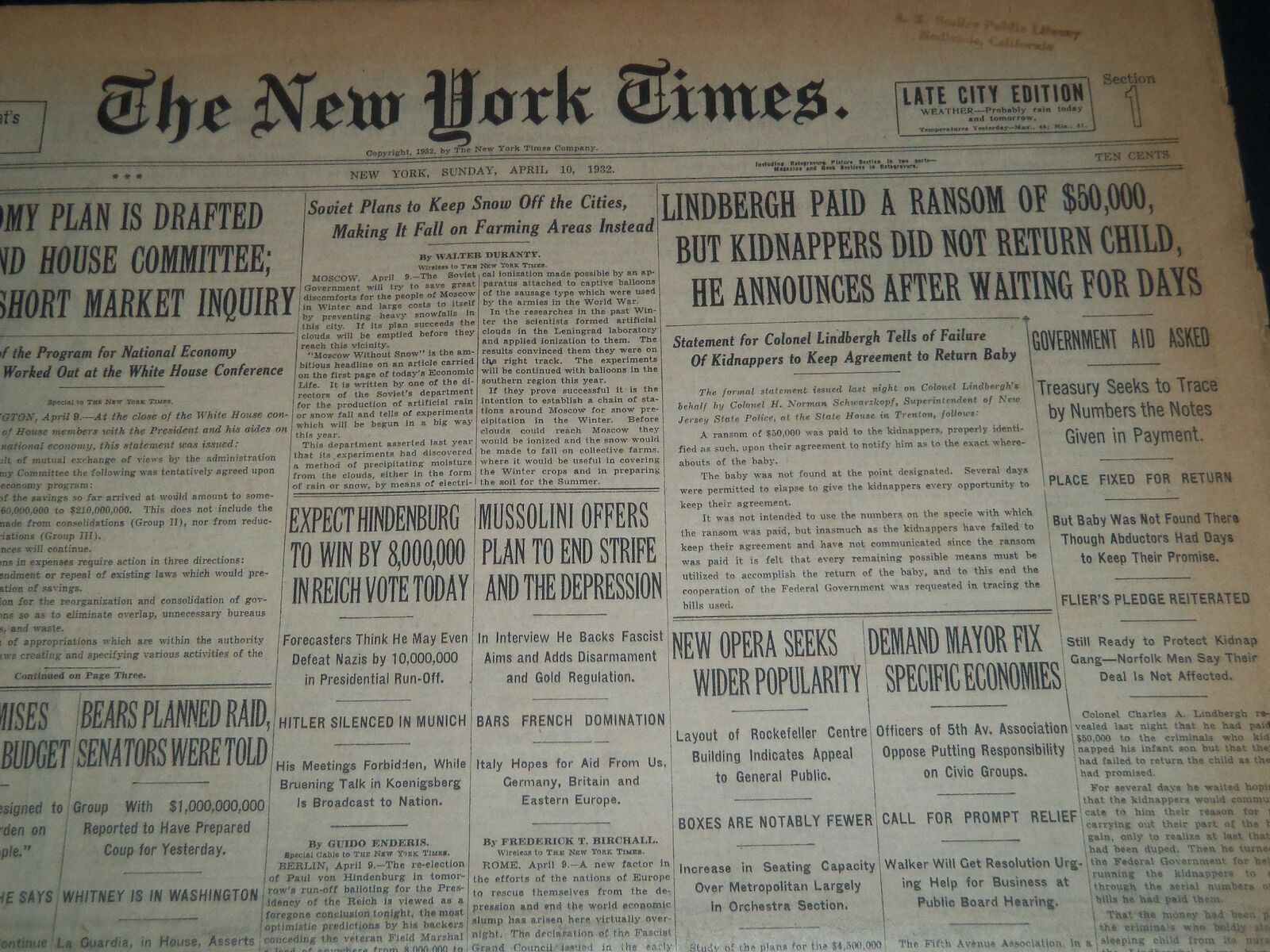 1932 APRIL 10 NEW YORK TIMES - LINDBERGH PAID A RANSOM OF $50,000 - NT 7438