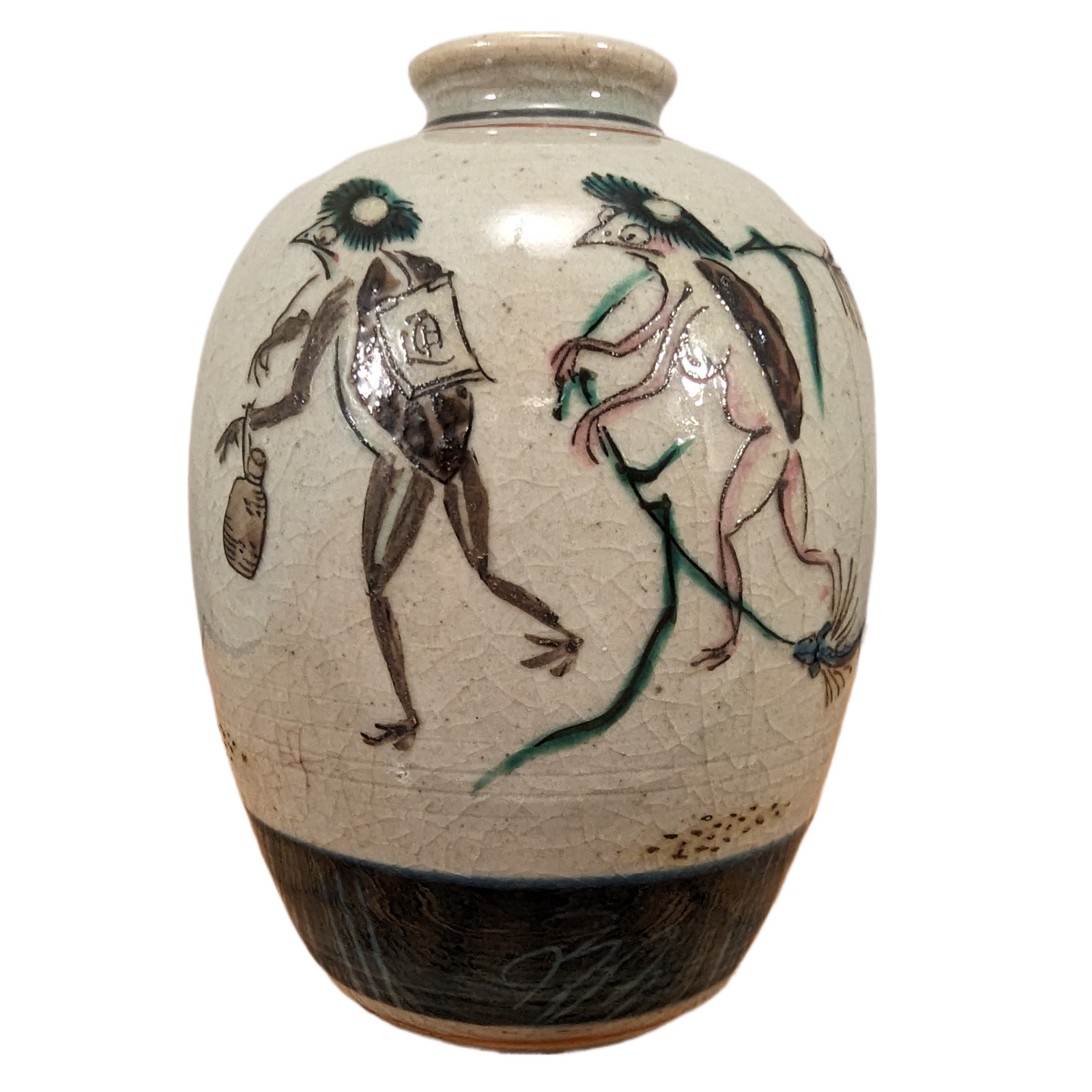 Antique Japanese Kutani Porcelain Vase Male & Female Kappa Yokai Signed 九谷 Japan