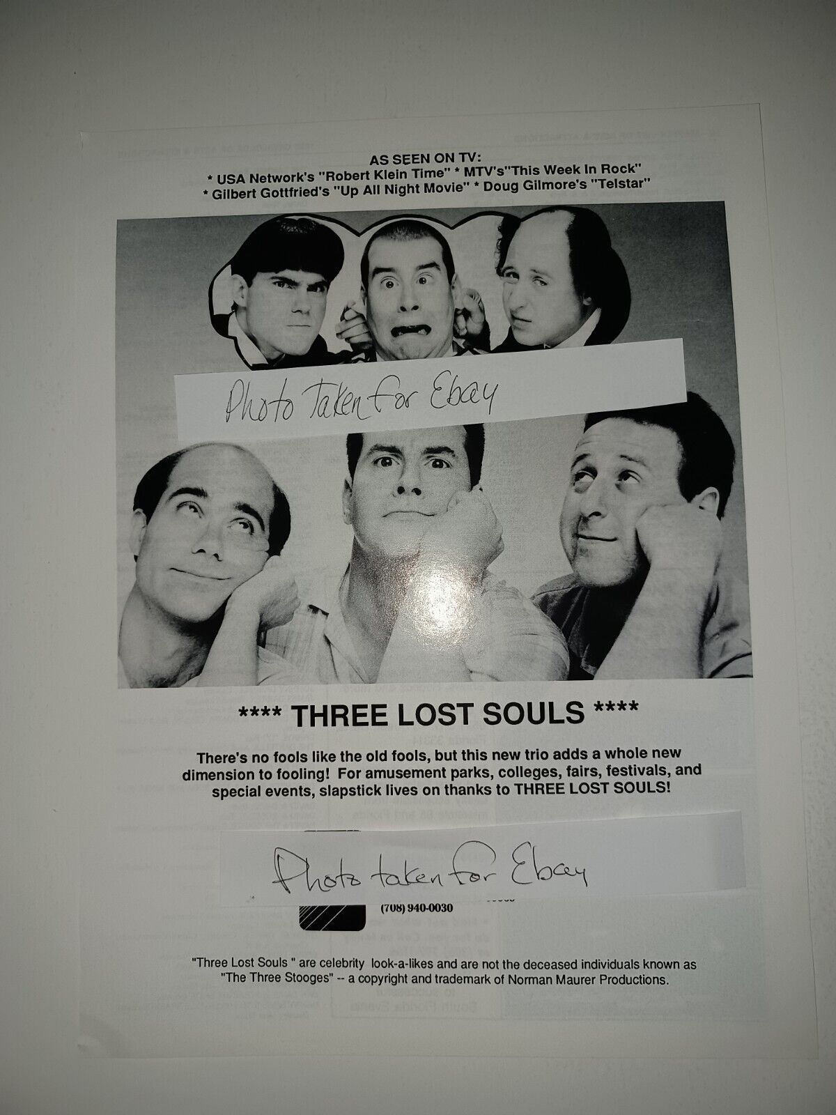 Three Lost Souls celeb lookalikes of The Three Stooges 1990 8x11 booking Ad