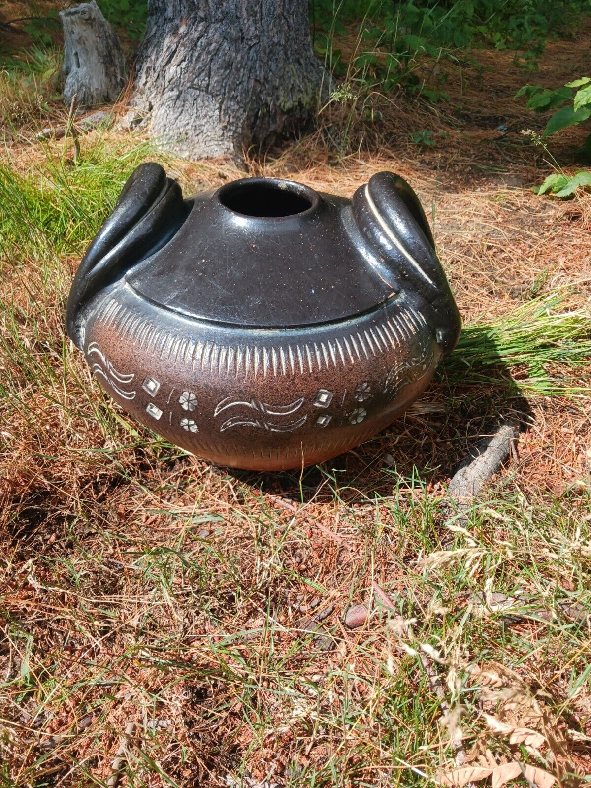 Vintage Clay Native American Vessel pot Horn Shaped Handles  pottery decorative