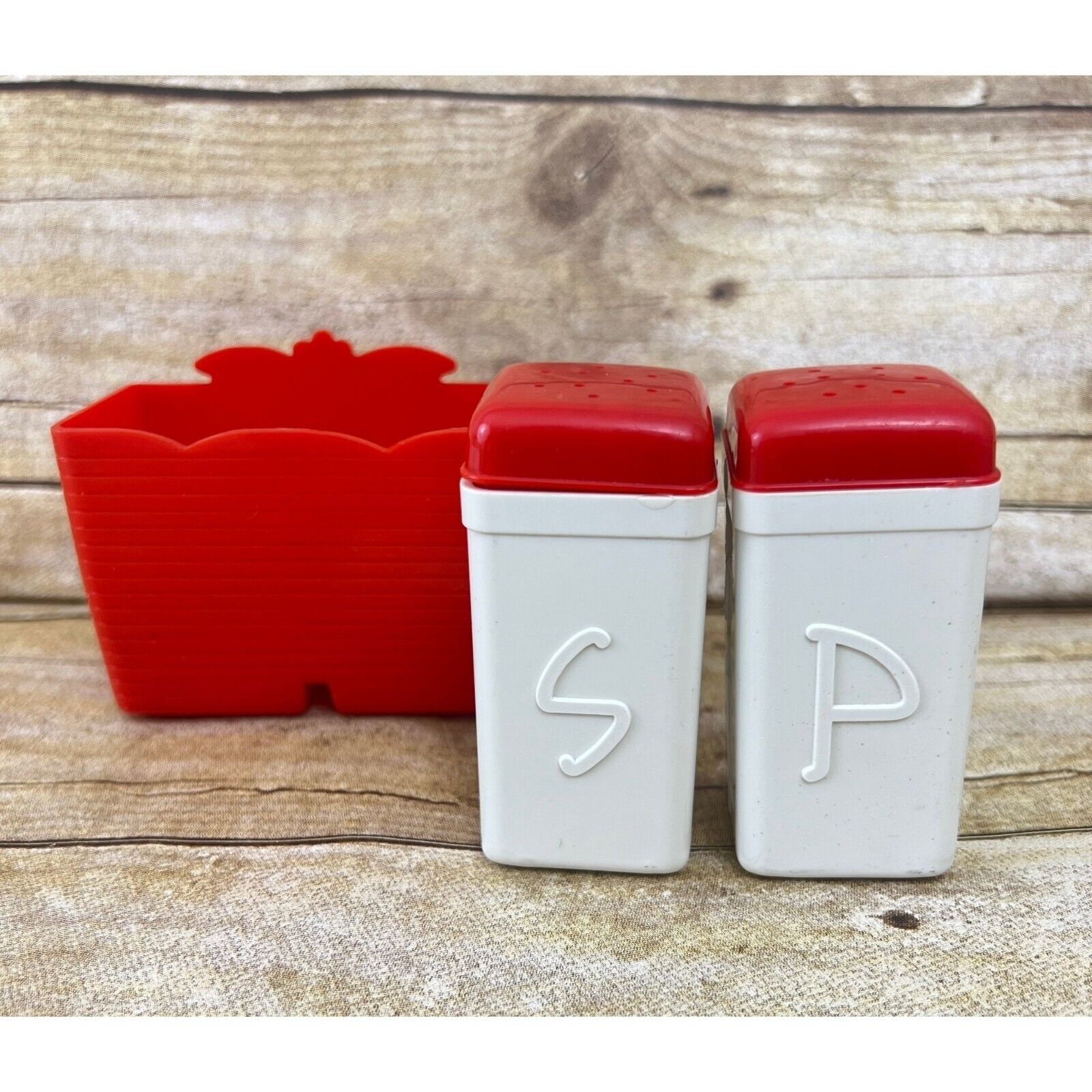 Vintage 1950s Salt & Pepper Shakers with Caddy Superlon Products  USA Red White