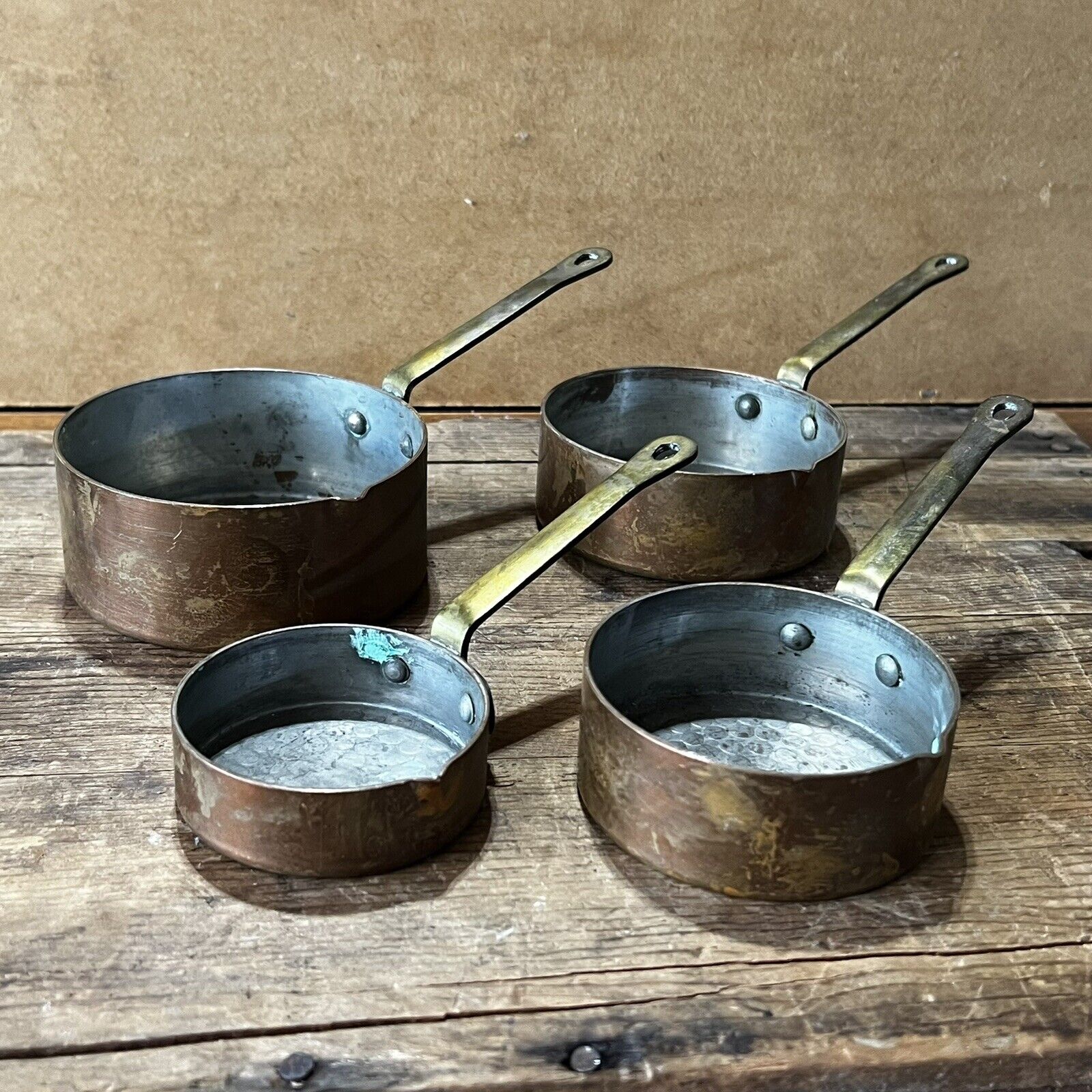 Set 4 Antique Copper & Brass Graduated Kitchen Measuring Cups Folk Arts & Crafts