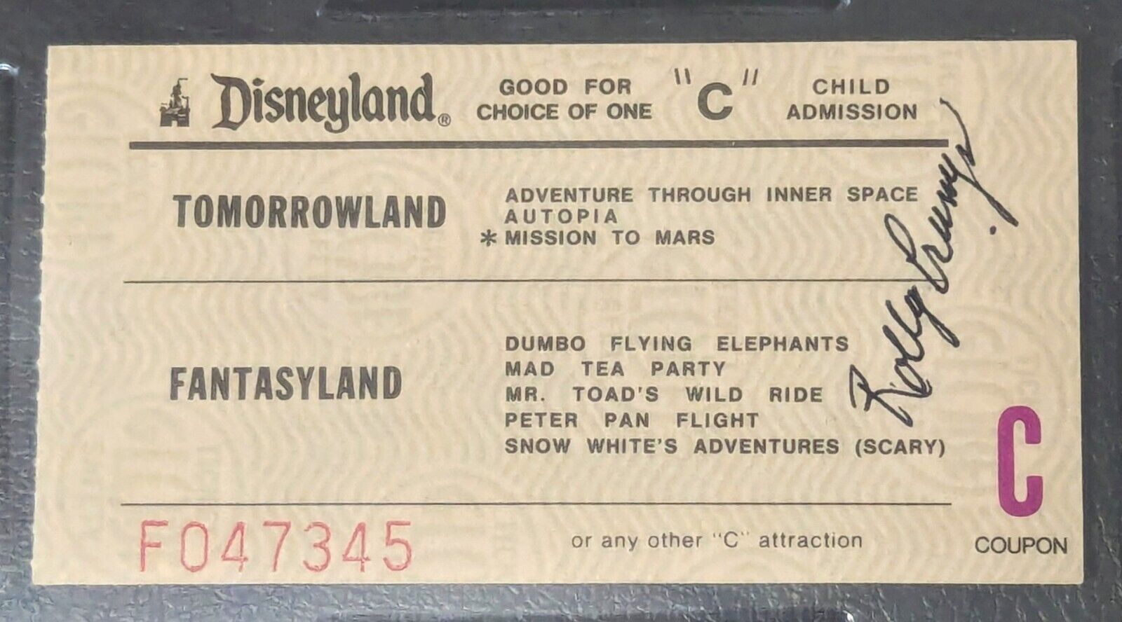 Vintage Disneyland Ticket PSA Rolly Crump Autograph Imagineer  Haunted Mansion