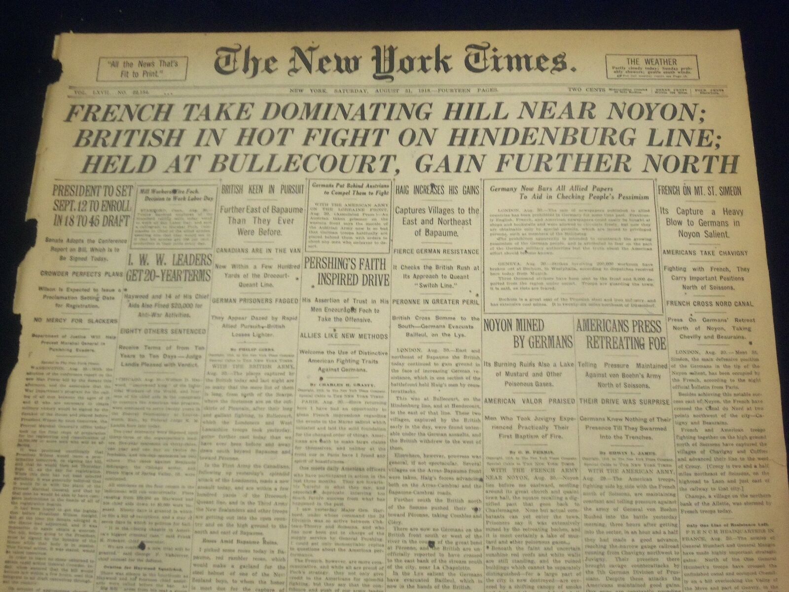 1918 AUGUST 31 NEW YORK TIMES - FRENCH TAKE HILL NEAR NOYON - NT 9195