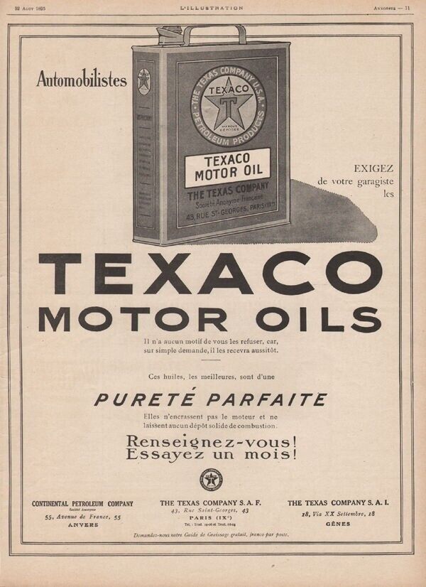 1925 TEXACO MOTOR ENGINE OIL CAR AUTO MEMORABILIA TEXAS CAN TIN FRENCH 21600
