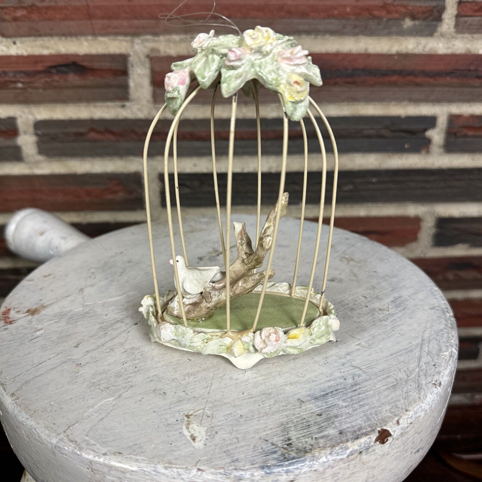 Vintage Bird Cage Metal Doves Inside Hanging Ornament White Ivory Flowers Floral