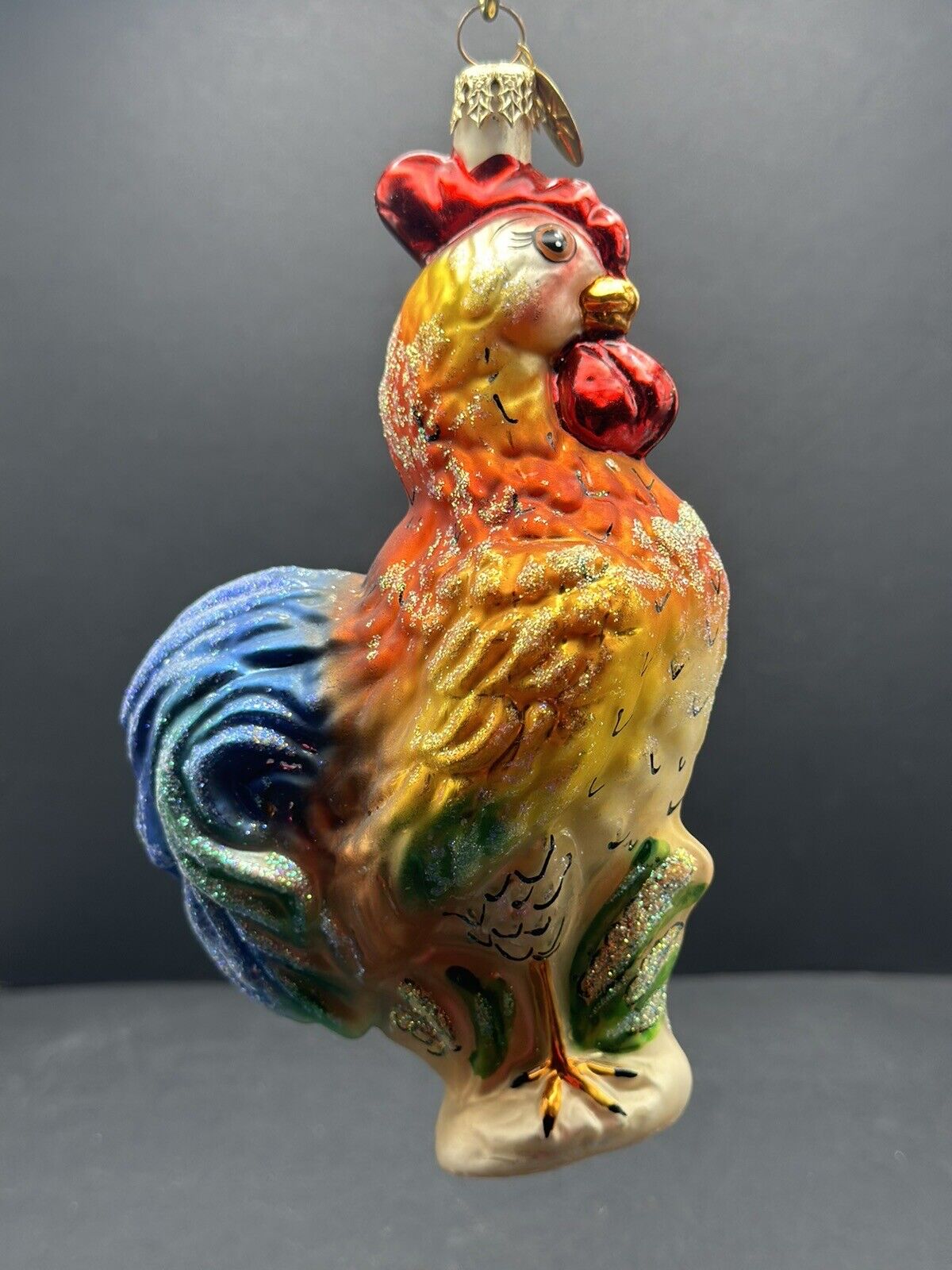VTG Christopher Radko FARM ALARM Rainbow Rooster Farm Glass Ornament 00-024-0