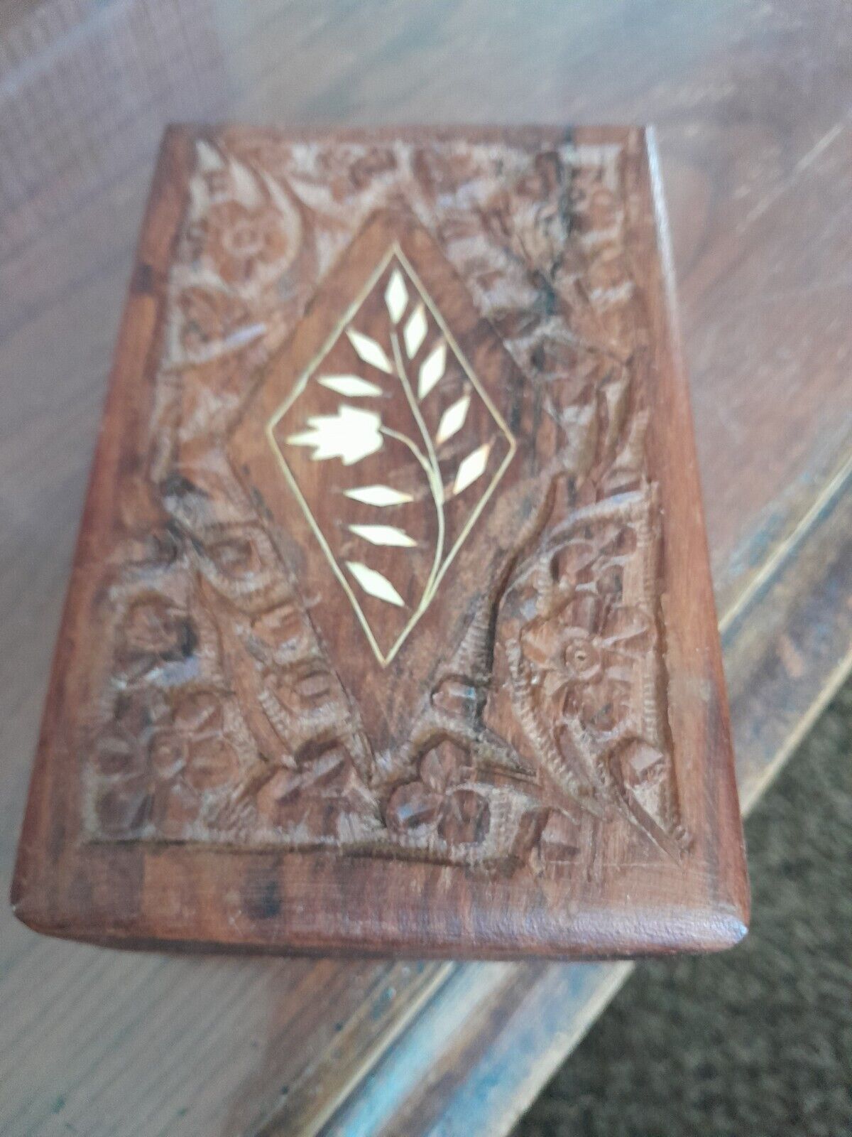 Vintage Hand Carved Wooden Jewelry Trinket Box Flower India Sheesham Wood