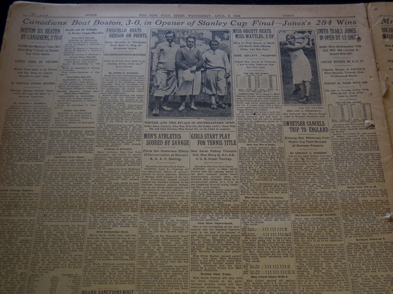 1930 APRIL 2 NEW YORK TIMES NEWSPAPER - BOBBY JONES WINS AGUSTA 284 - NT 9435