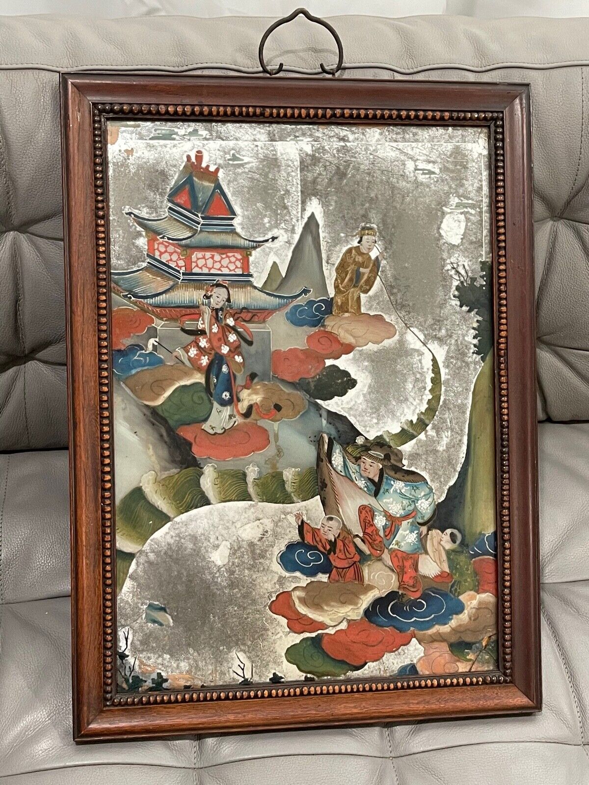 Antique Chinese Reverse Painted Glass Painting w/ Man Children Women on Clouds