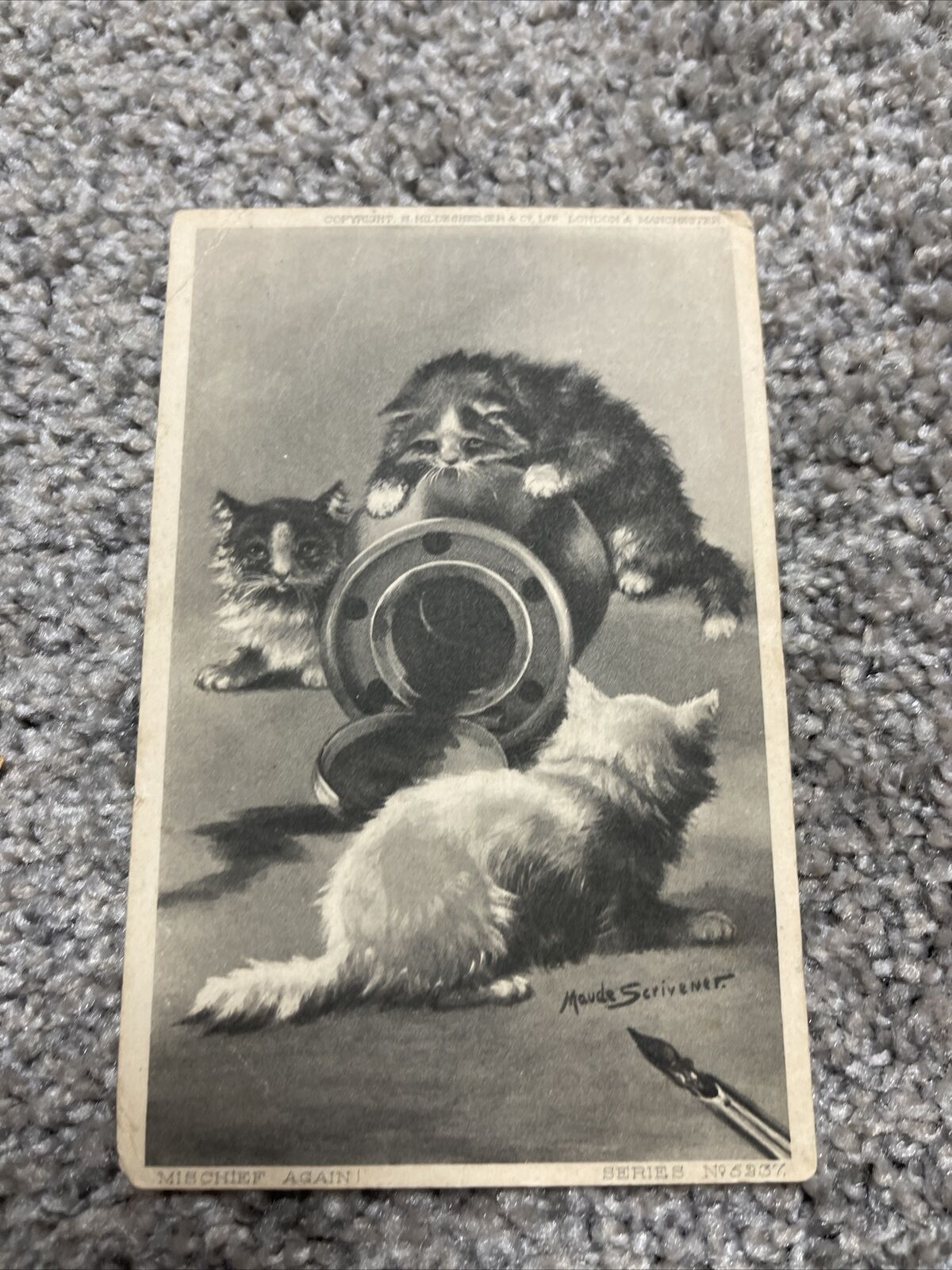 1900s Three Kittens Knock Over Inkwell Artist Signed Maude Scrivener Postcard