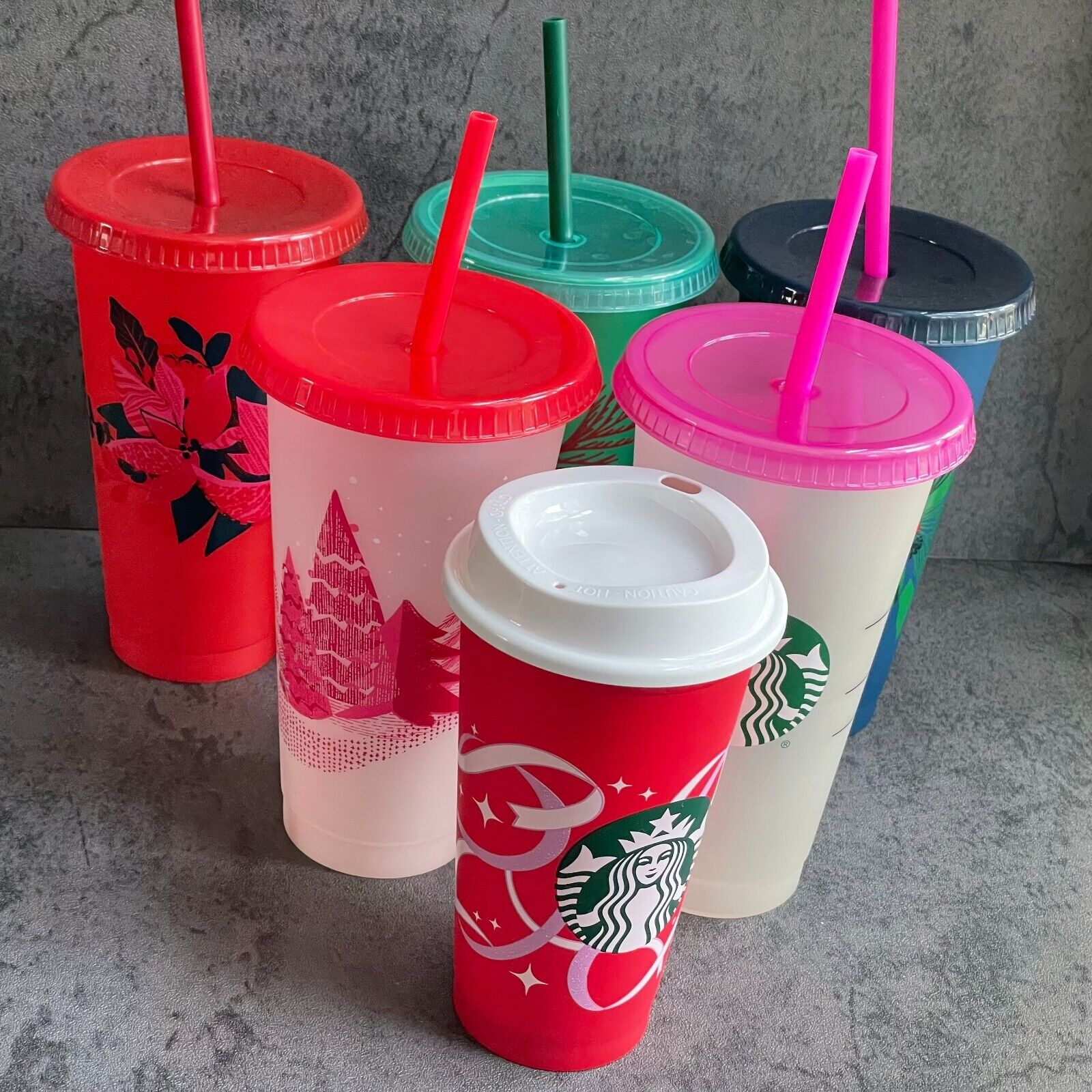 6 Cups, 5-pc Starbucks Reusable Cold Cups 24oz,  1-pc Tumbler 50 Years 16oz, EUC