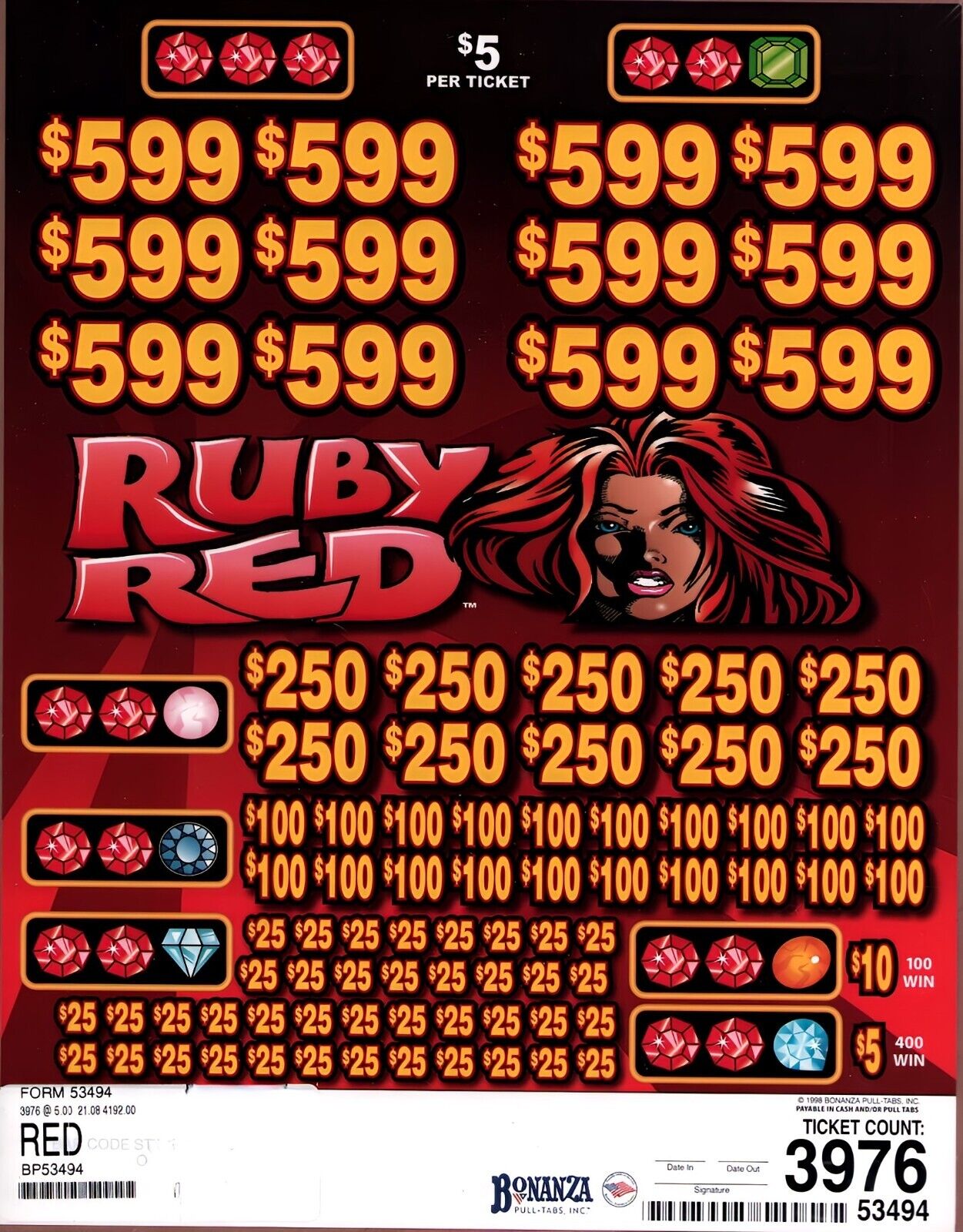 5 Window Pull Tab Tickets Game - Ruby Red $5